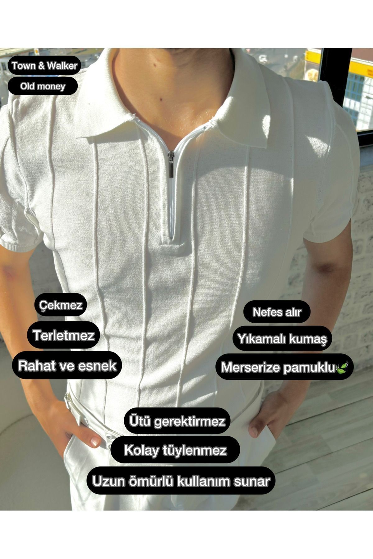 Erkek Polo Yaka Fermuarlı  Örme Triko T-shirt Old money