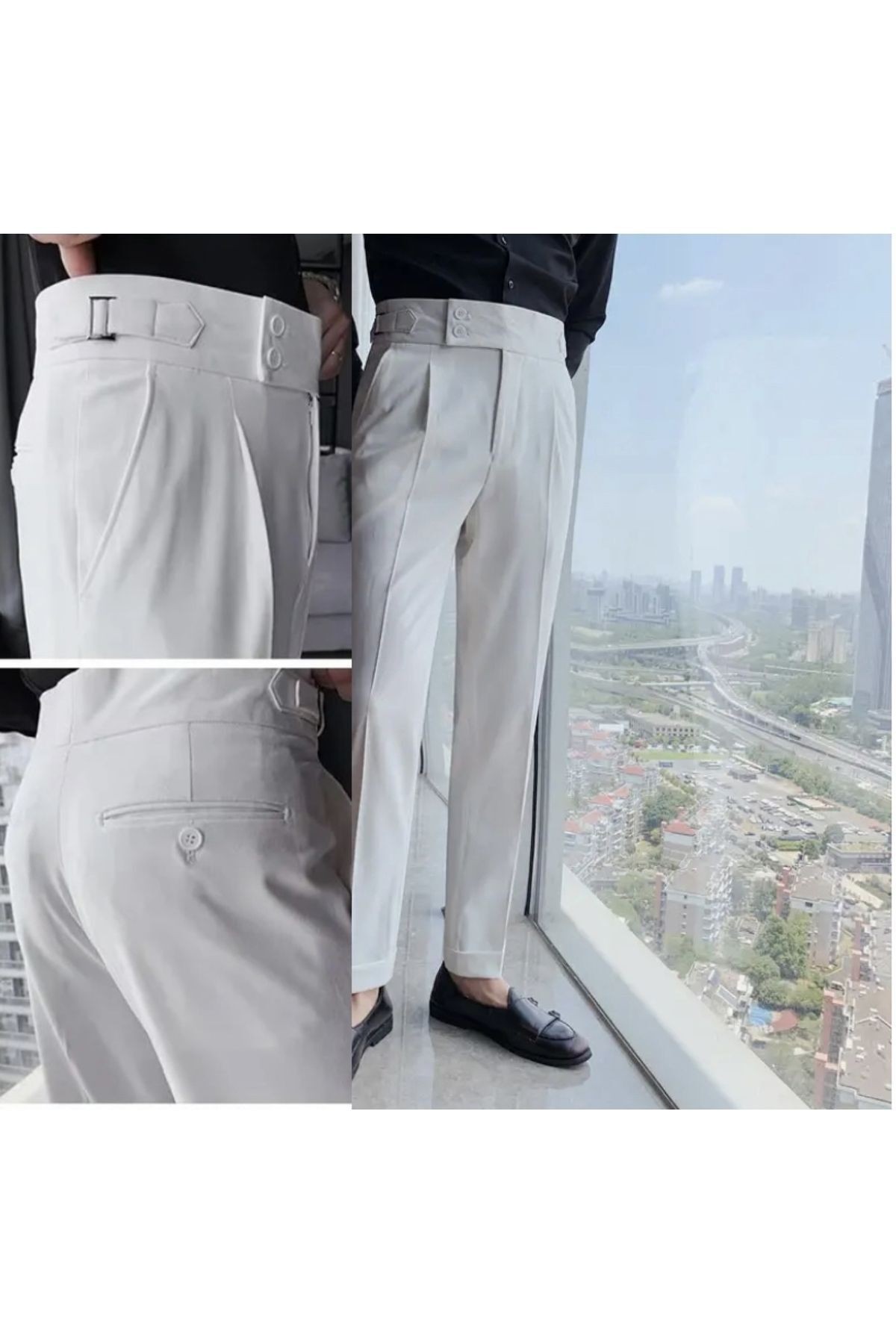 Erkek Italyan Kesim Kumaş Pantolon Bel Düğmeli Old Money