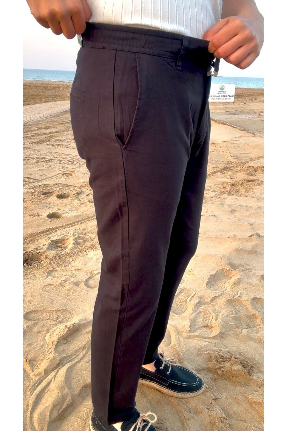 Erkek Slim Fit Old Money %100 Pamuk Flamlı Keten Görünümlü Bel Lastikli Jogger Pantolon