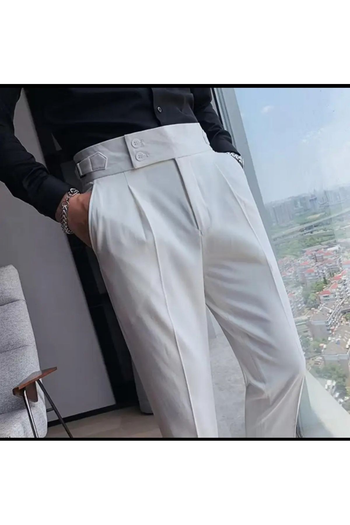 Beyaz Erkek Italyan Kesim Kumaş Pantolon Bel Düğmeli Old Money tarz