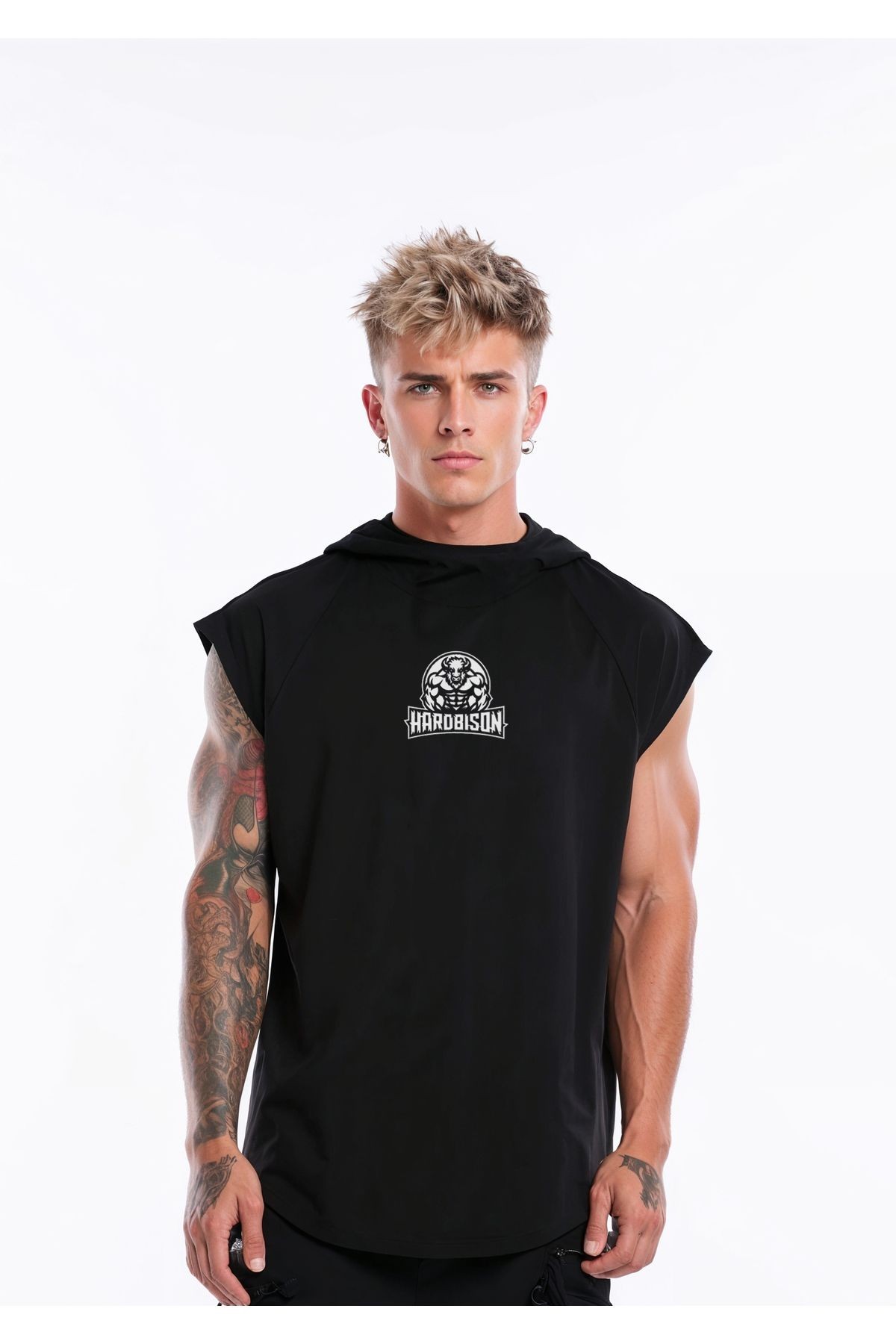 Siyah Kolsuz Kapüşonlu Gym Spor Ve Günlük T-shirt