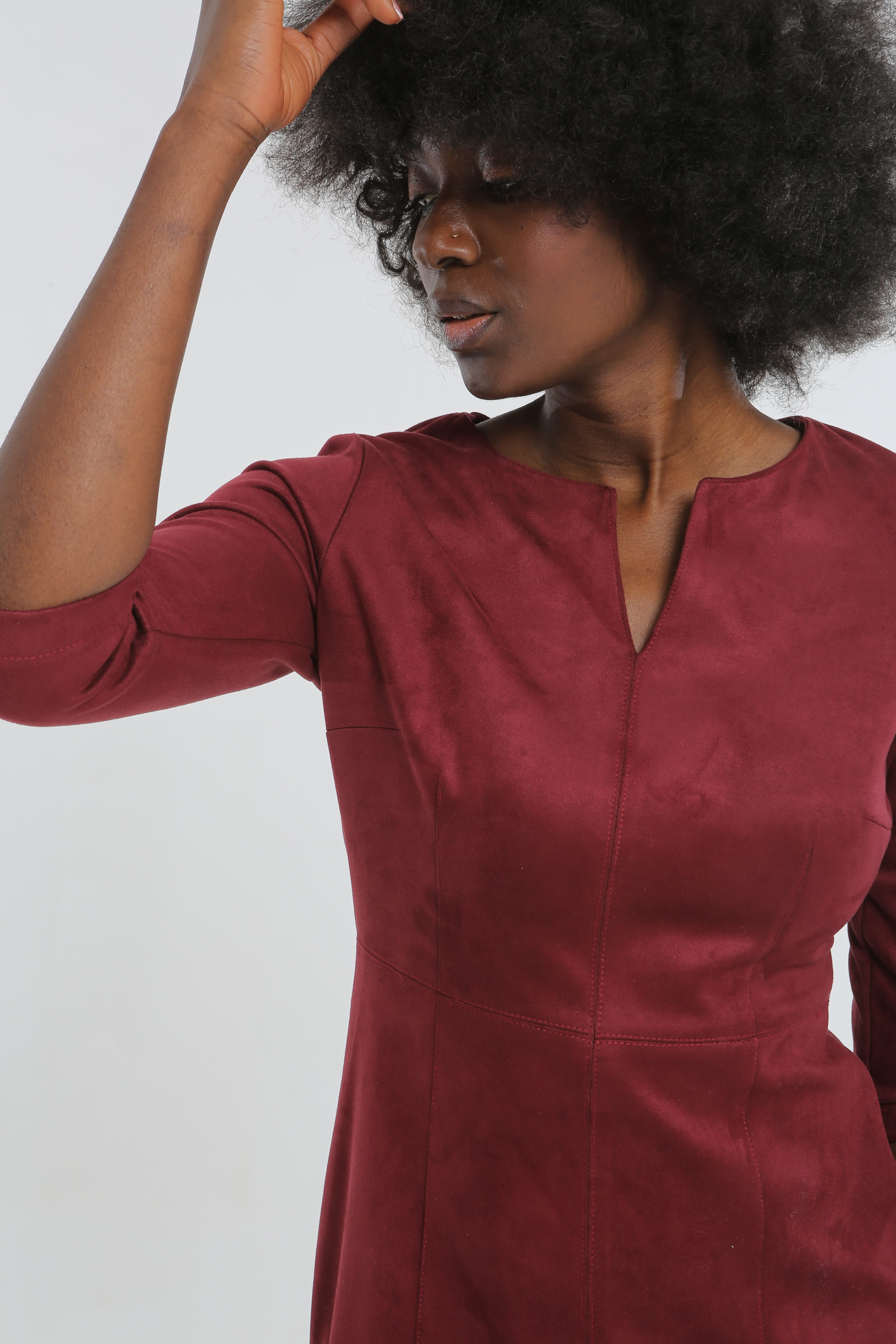 Süet Fırfırlı Kadın Elbise - BORDO