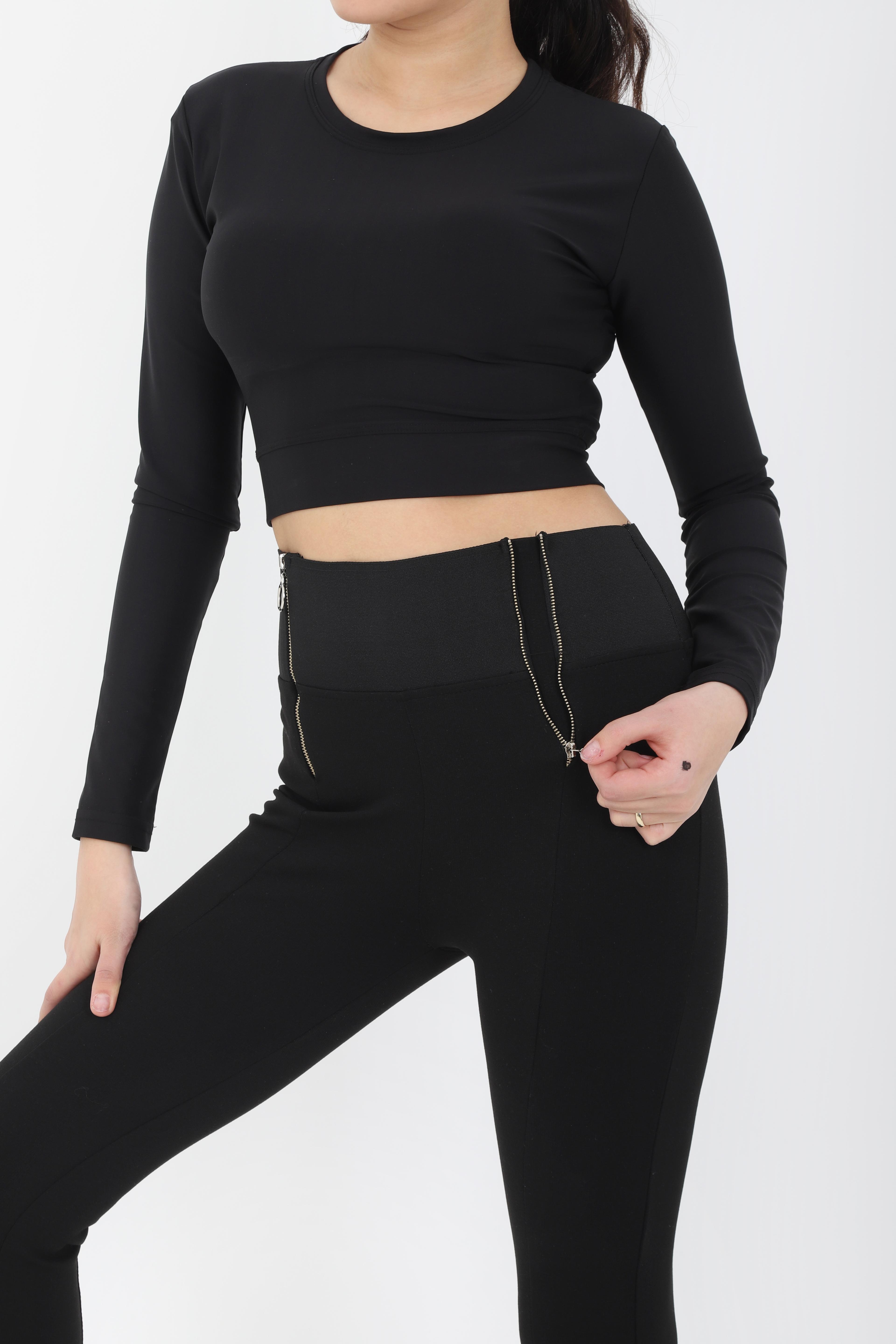 UZUN KOLLU TAYT KUMAŞLI CROP TOP - SİYAH