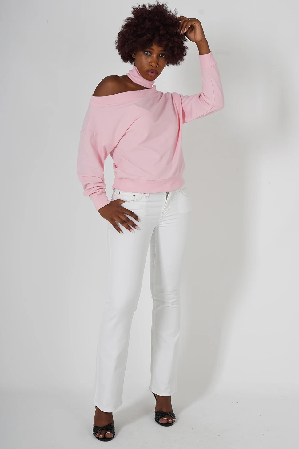 Omuz Dekolteli Pembe Renk Kadın Sweatshirt - Görsel 7