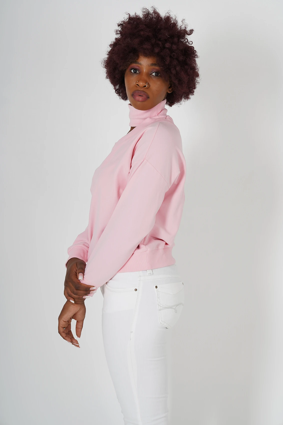 Omuz Dekolteli Pembe Renk Kadın Sweatshirt - Görsel 4
