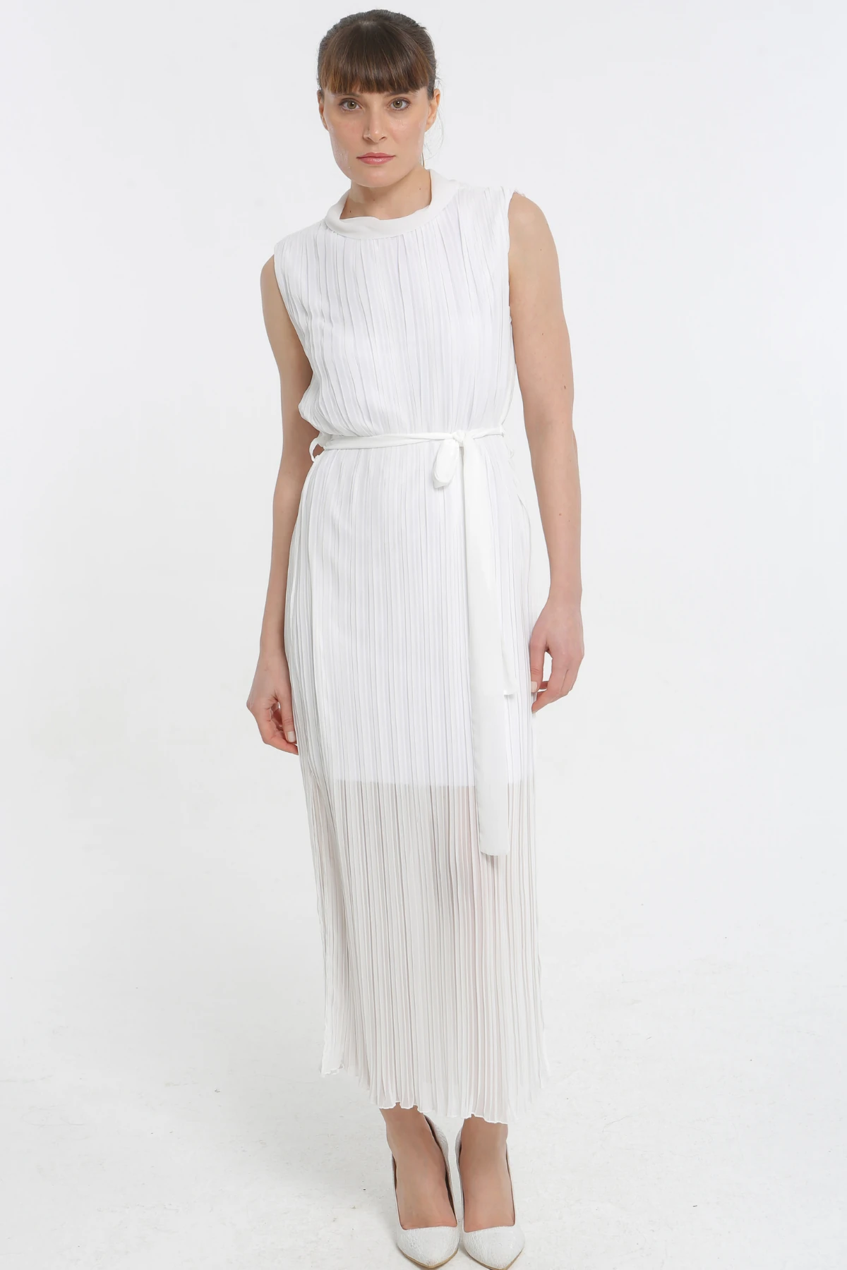 Elegant & Chic Beyaz Plise Kadın Elbise - Görsel 6