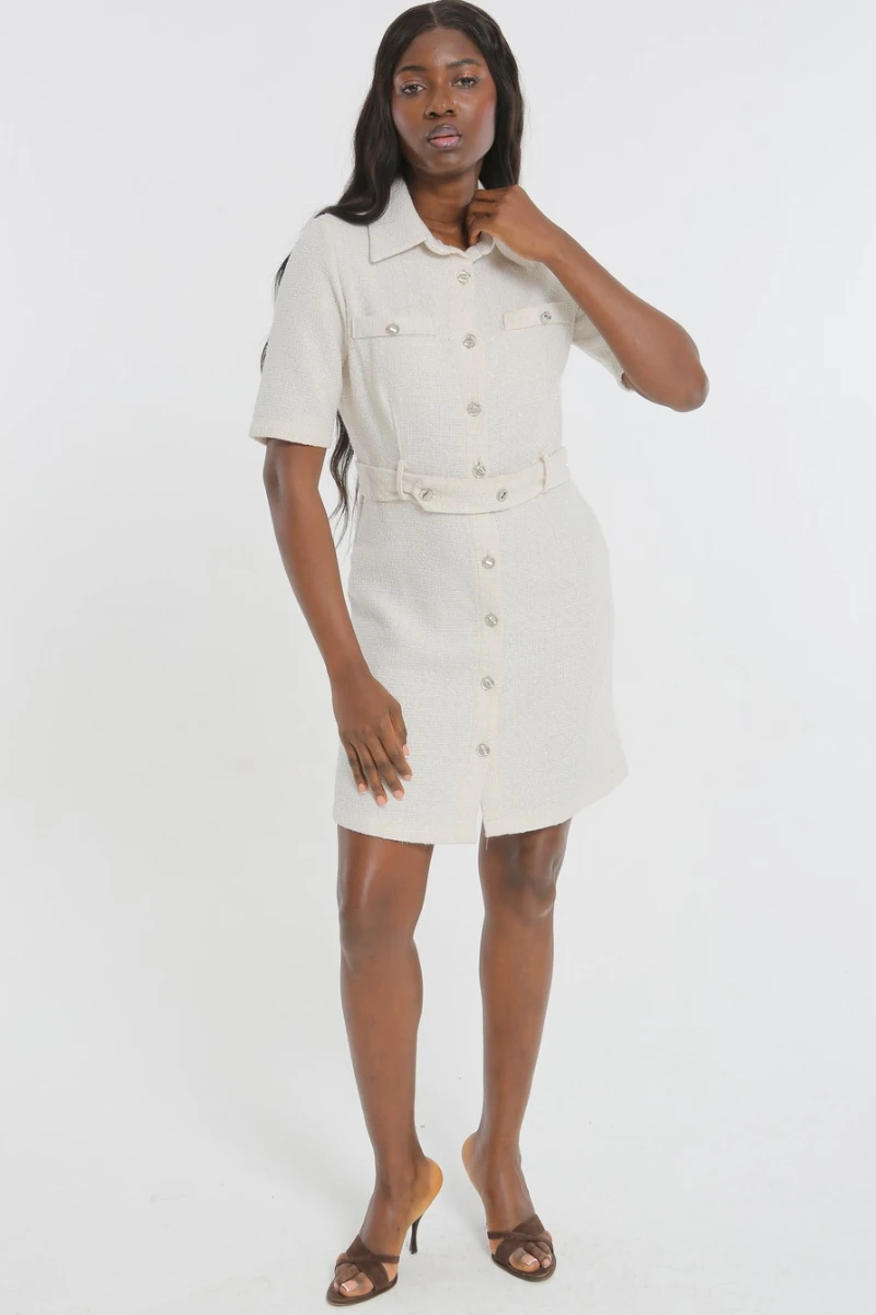 Kısa Kollu Düğmeli Kadın Tüvit Elbise - BEYAZ