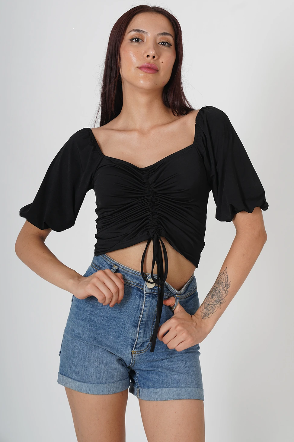 Bağcık Detaylı Kadın Crop Bluz - Görsel 9