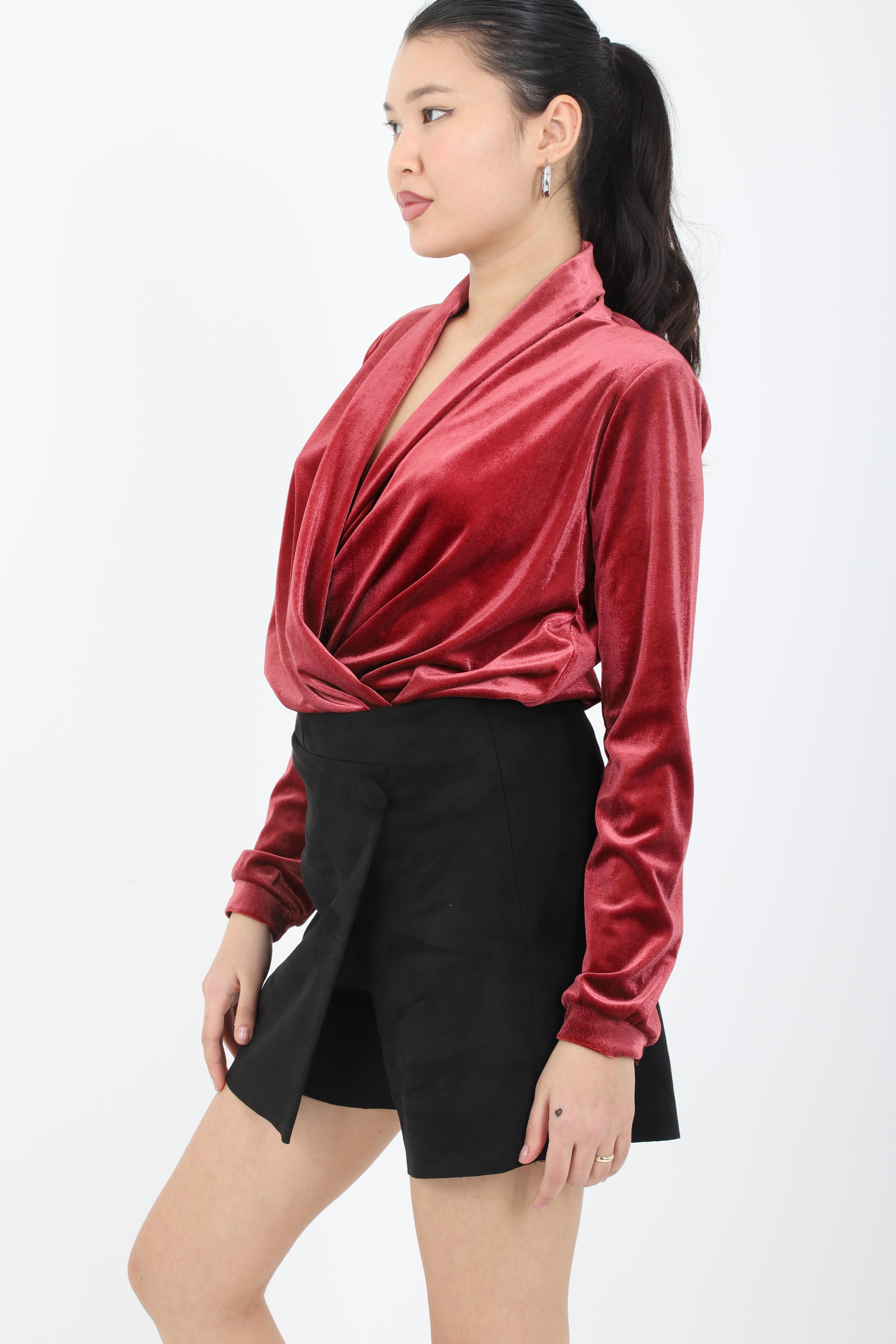 BORDO KADİFE UZUN KOLLU VATKALI BODY