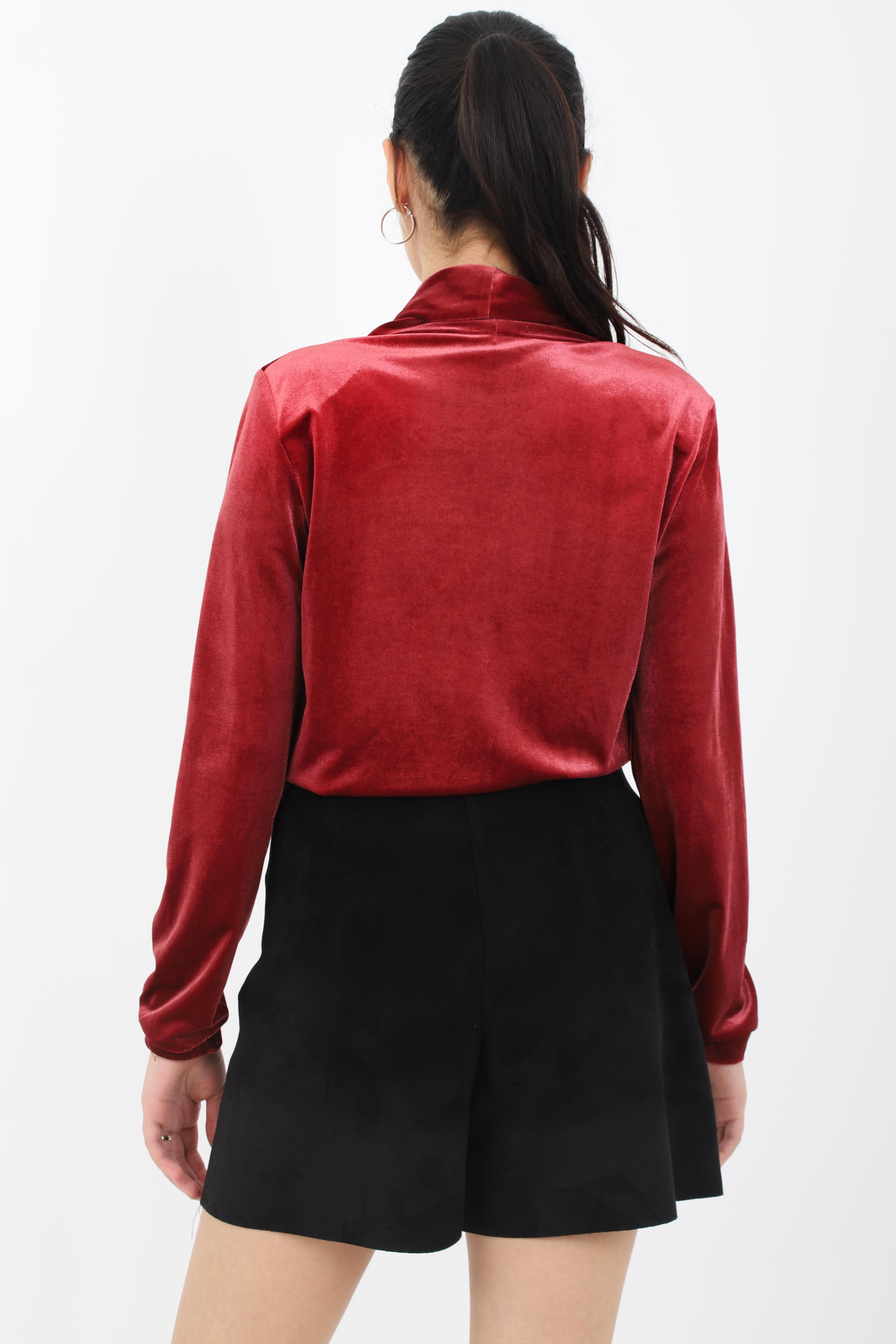 BORDO KADİFE UZUN KOLLU VATKALI BODY
