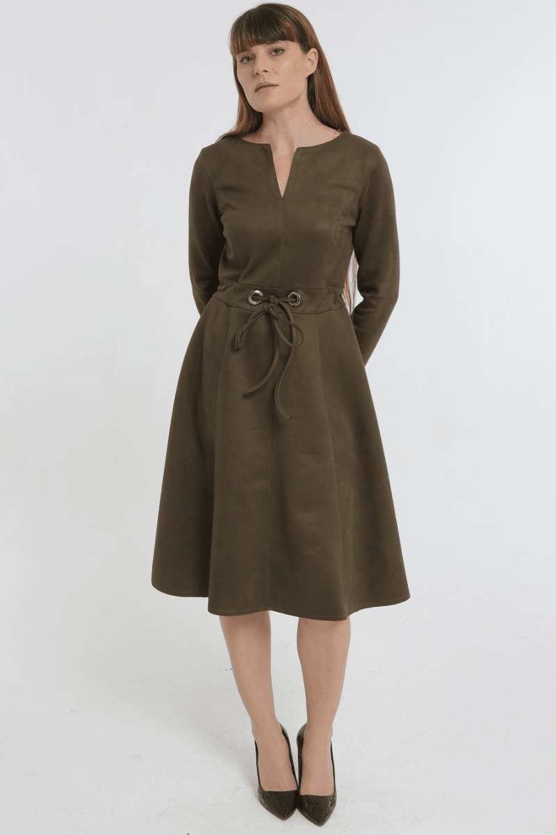 Kadın Önden Bağcık Detaylı Süet Uzun Kollu Elbise - HAKİ