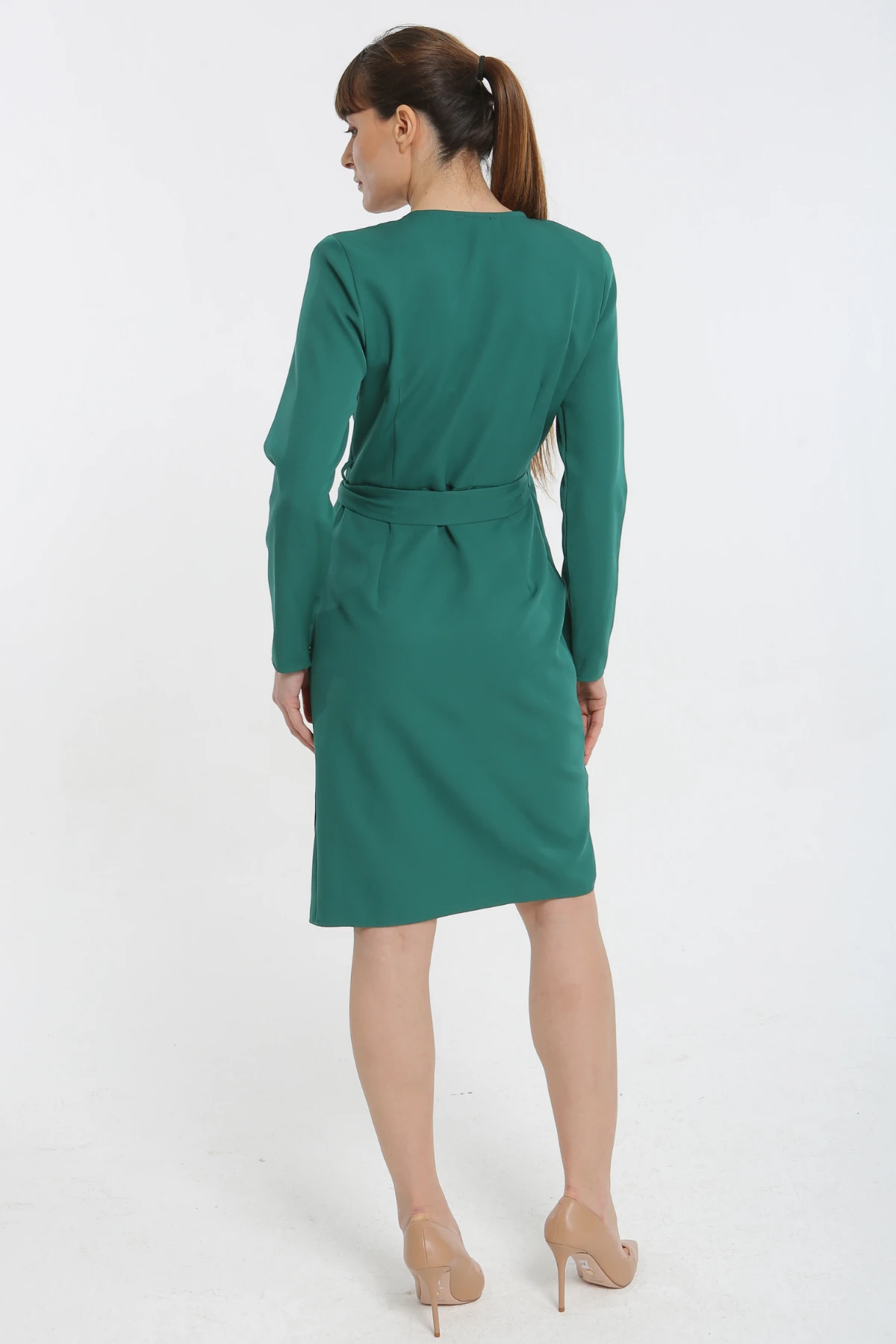 Uzun Kol Vatkalı Kruvaze Kadın Elbise - ZÜMRÜT YEŞİLİ