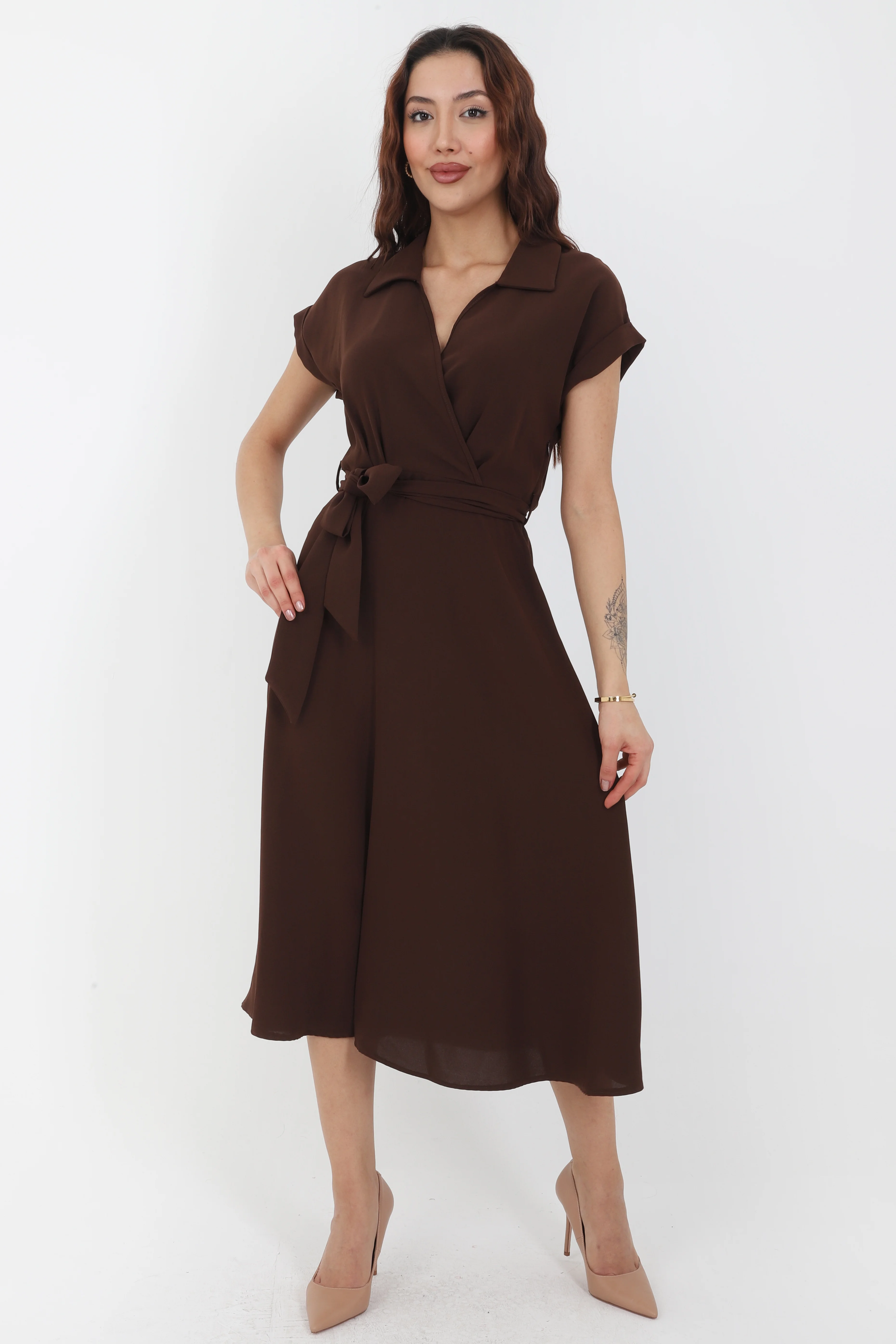 Gömlek Yaka Kadın Anvelop Elbise - KAHVERENGİ