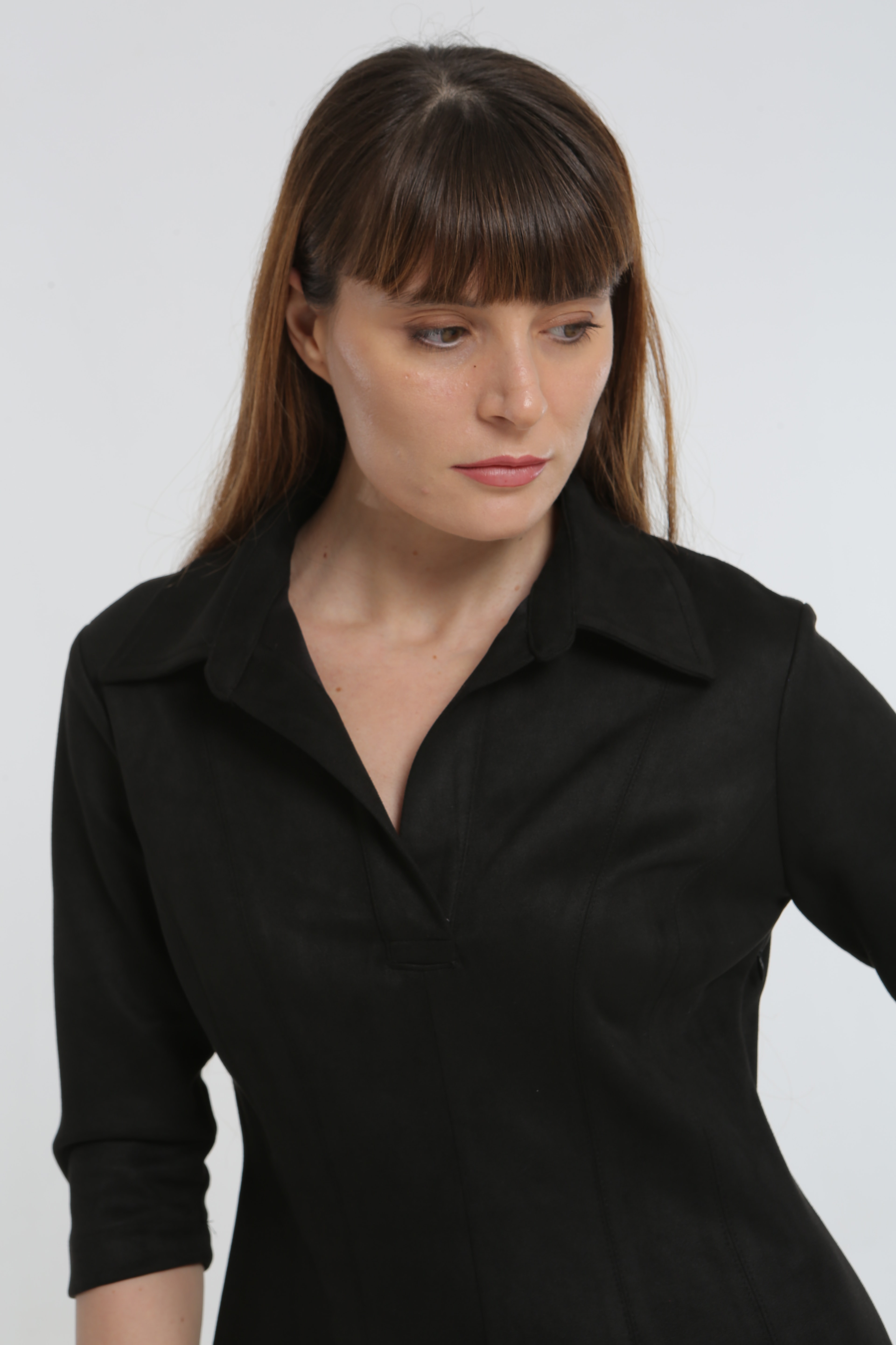 Gömlek Yaka Yarım Kol Kadın Süet Elbise - SİYAH