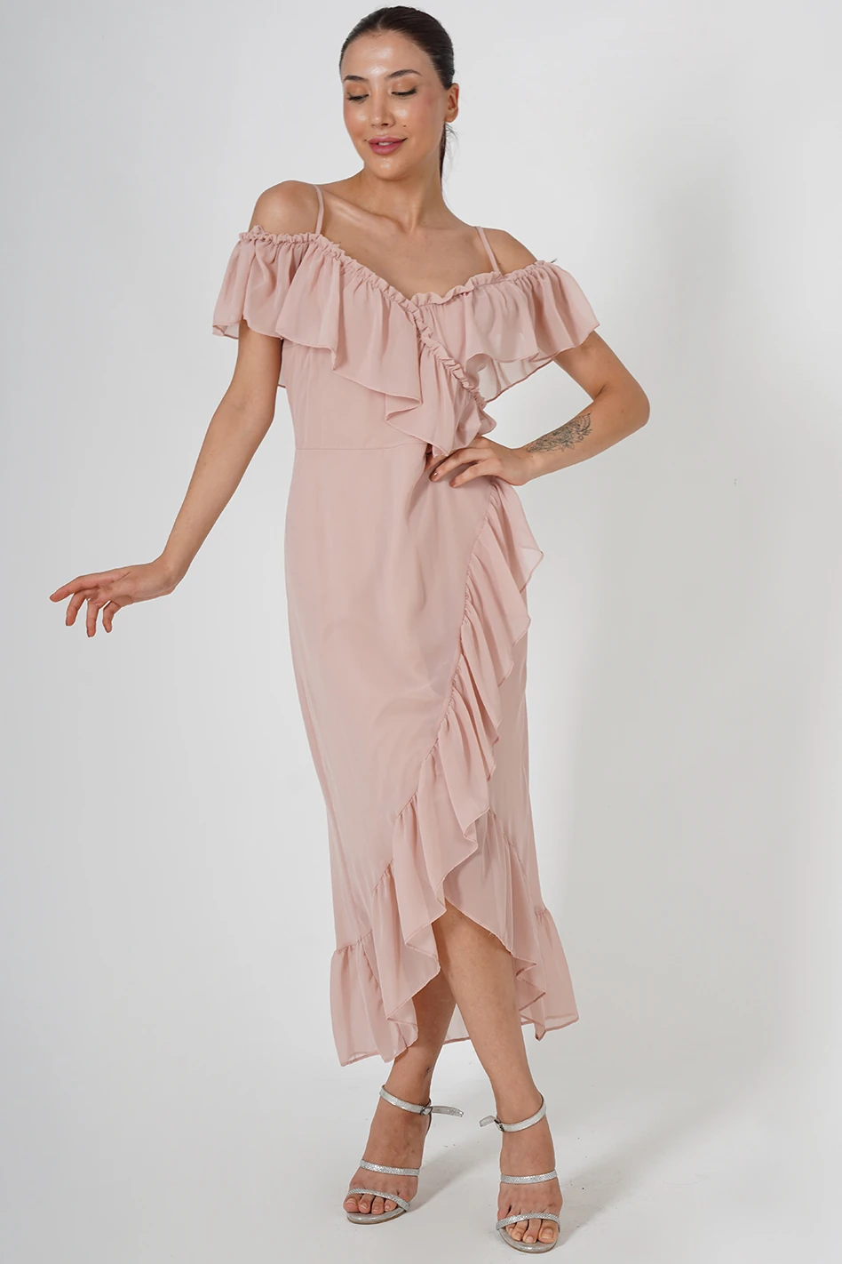 Carmen Yaka İnce Askılı Kadın Elbise - PEMBE