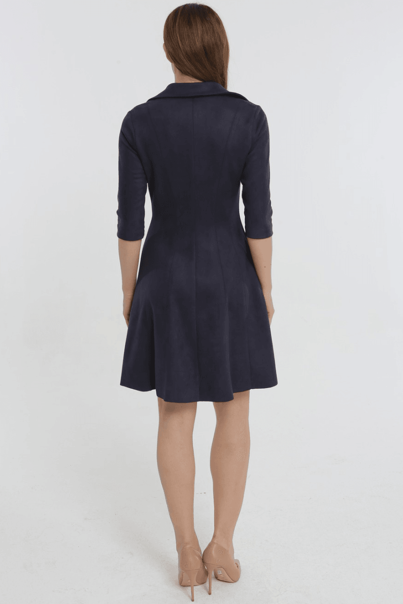 Gömlek Yaka Yarım Kol Kadın Süet Elbise - LACİVERT