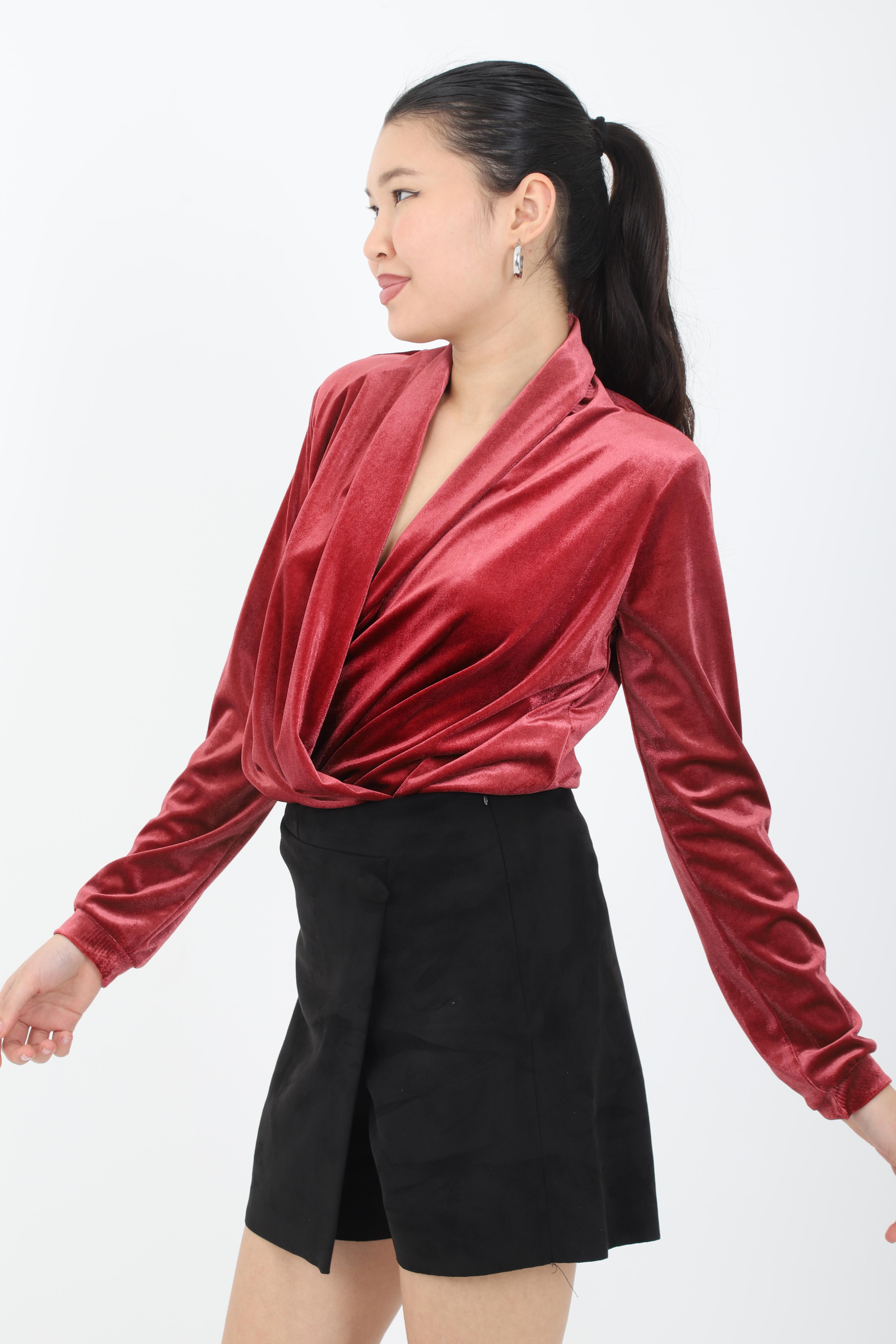 BORDO KADİFE UZUN KOLLU VATKALI BODY