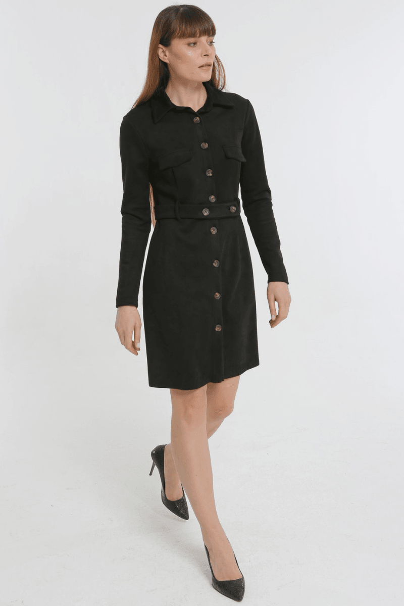 Gömlek Yaka Cep ve Düğme Detaylı Kadın Kemerli Elbise - SİYAH
