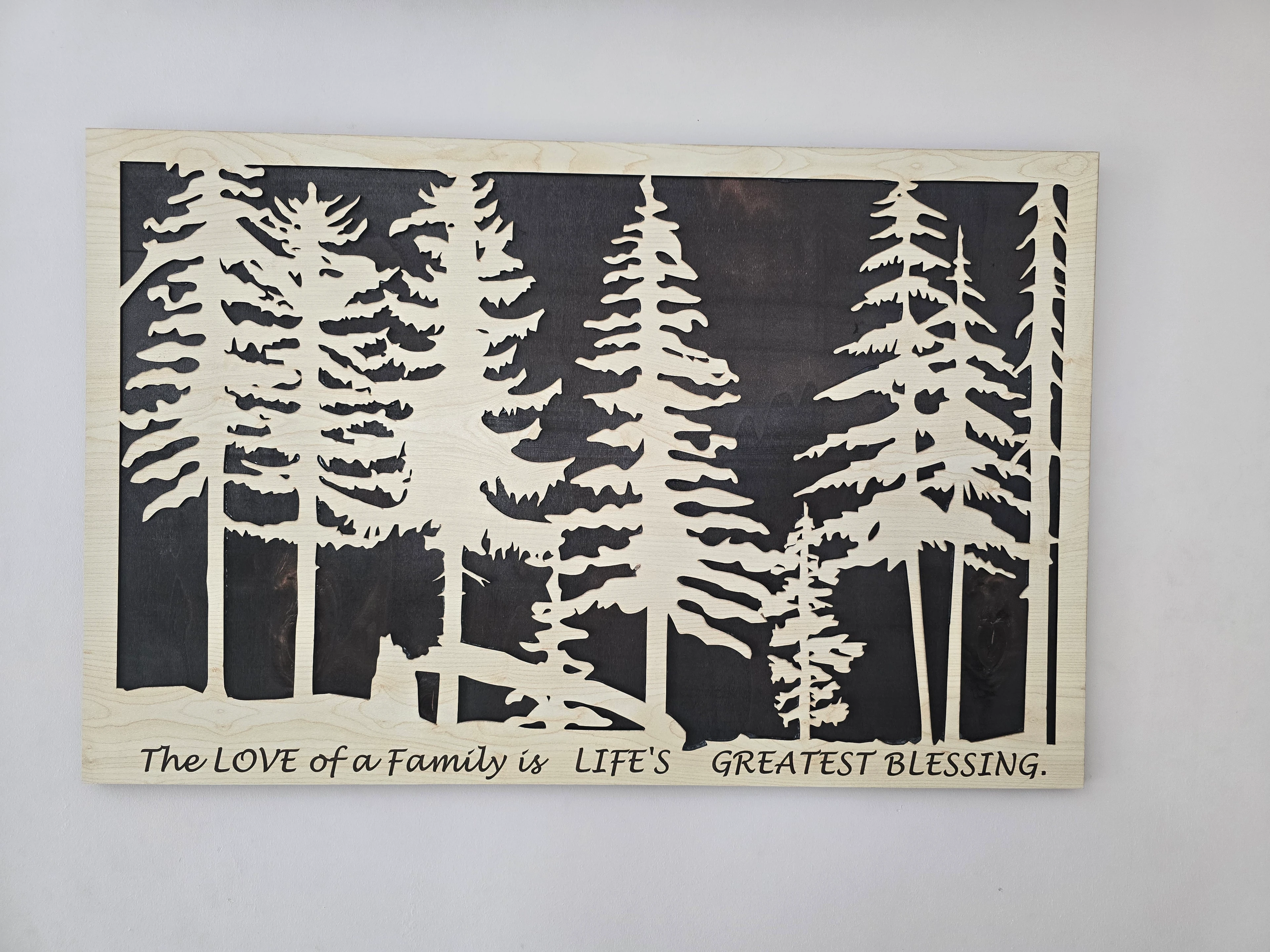 Ahşap Duvar Tablosu-Lazer Kesim-Ağaç Detaylı Dekoratif Tablo -Love Of A Family – 3mm Akçaağaç + 8mm Kontrplak (Yakma) 78X50 cm