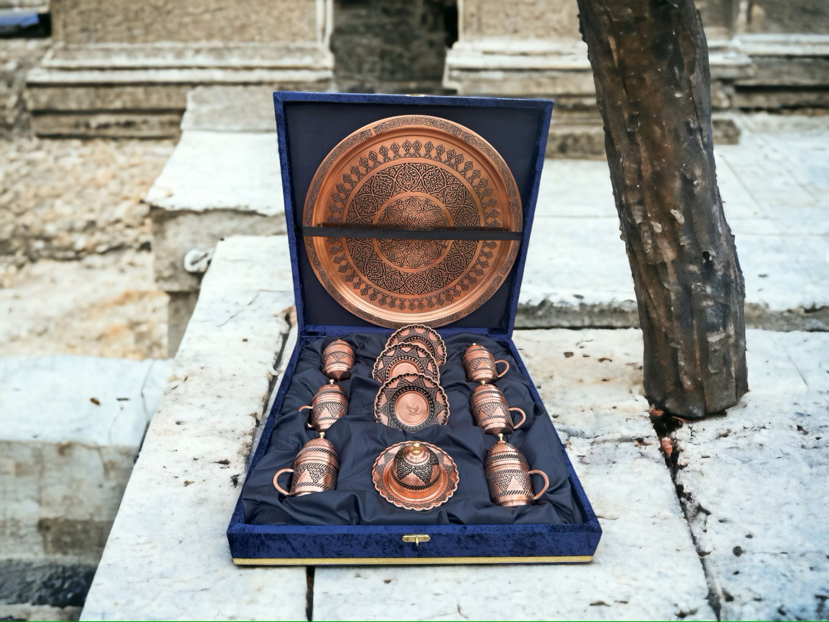 6 Pieces Turkish Coffee Set and Copper Tray, Copper Presentation