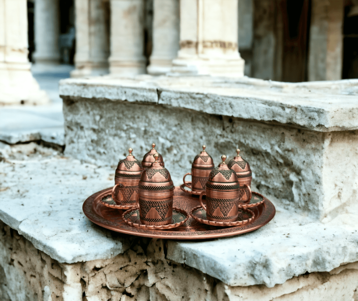 6 Pieces Turkish Coffee Set and Copper Tray, Copper Presentation