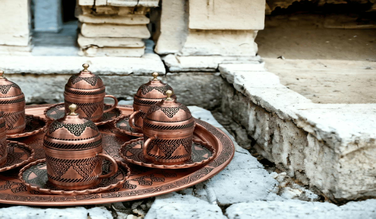 6 Pieces Turkish Coffee Set and Copper Tray, Copper Presentation