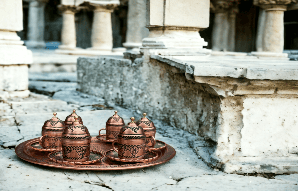 6 Pieces Turkish Coffee Set and Copper Tray, Copper Presentation