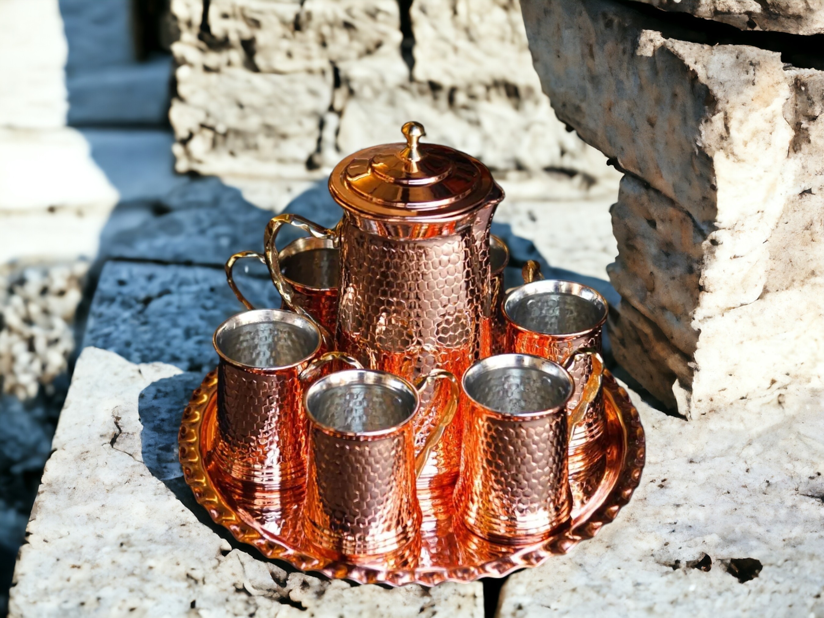 Copper 6-Piece Cup Jug and Tray Set