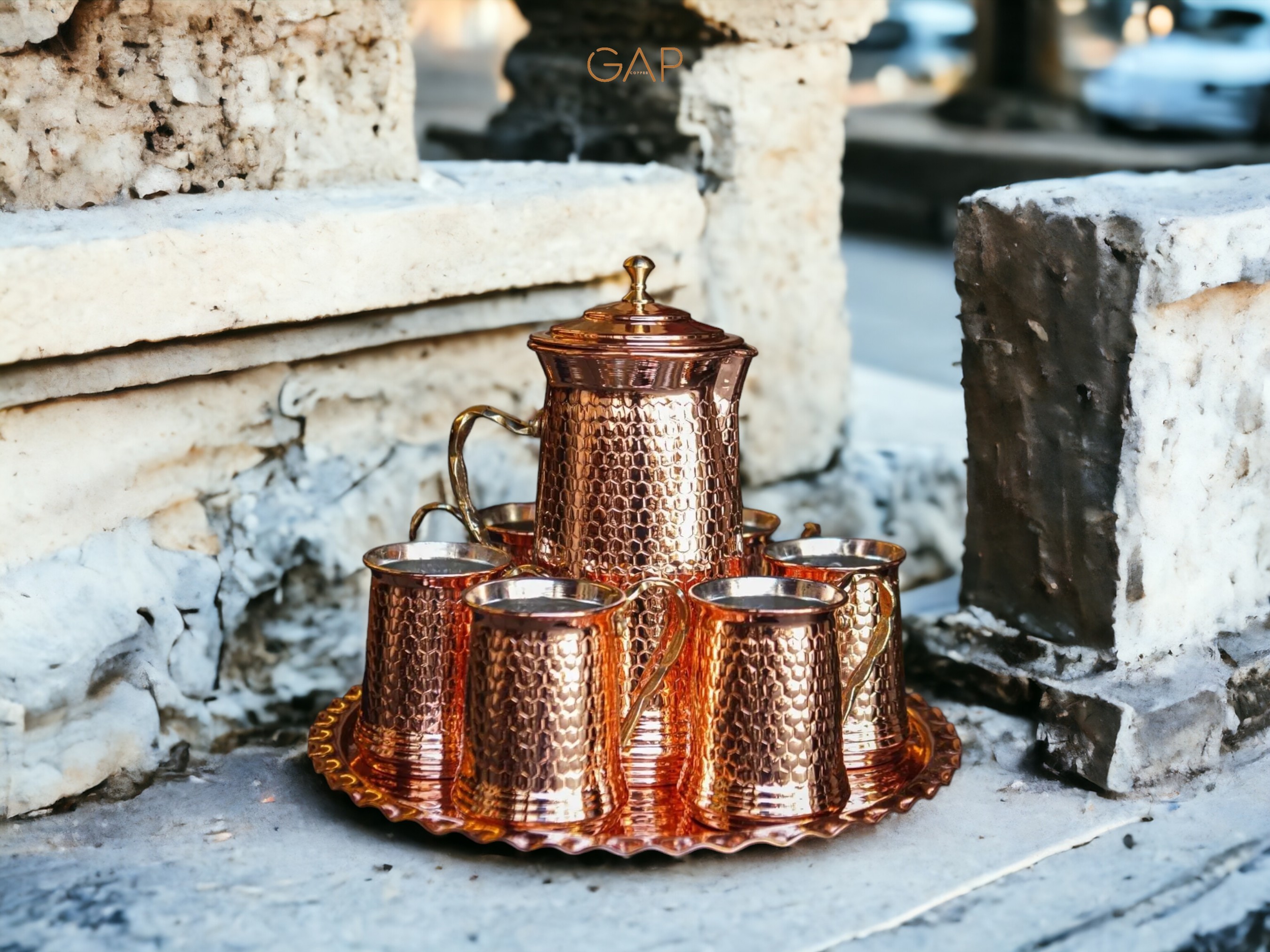 Copper 6-Piece Cup Jug and Tray Set