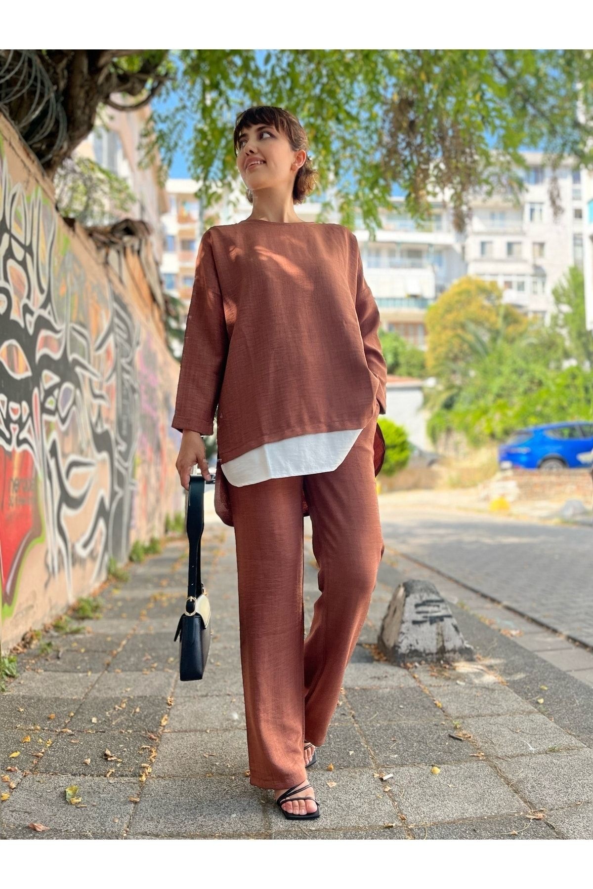 Bisiklet Yaka Renk Garnili Tunik Ve Pantolon Ikili Takım - Kahve