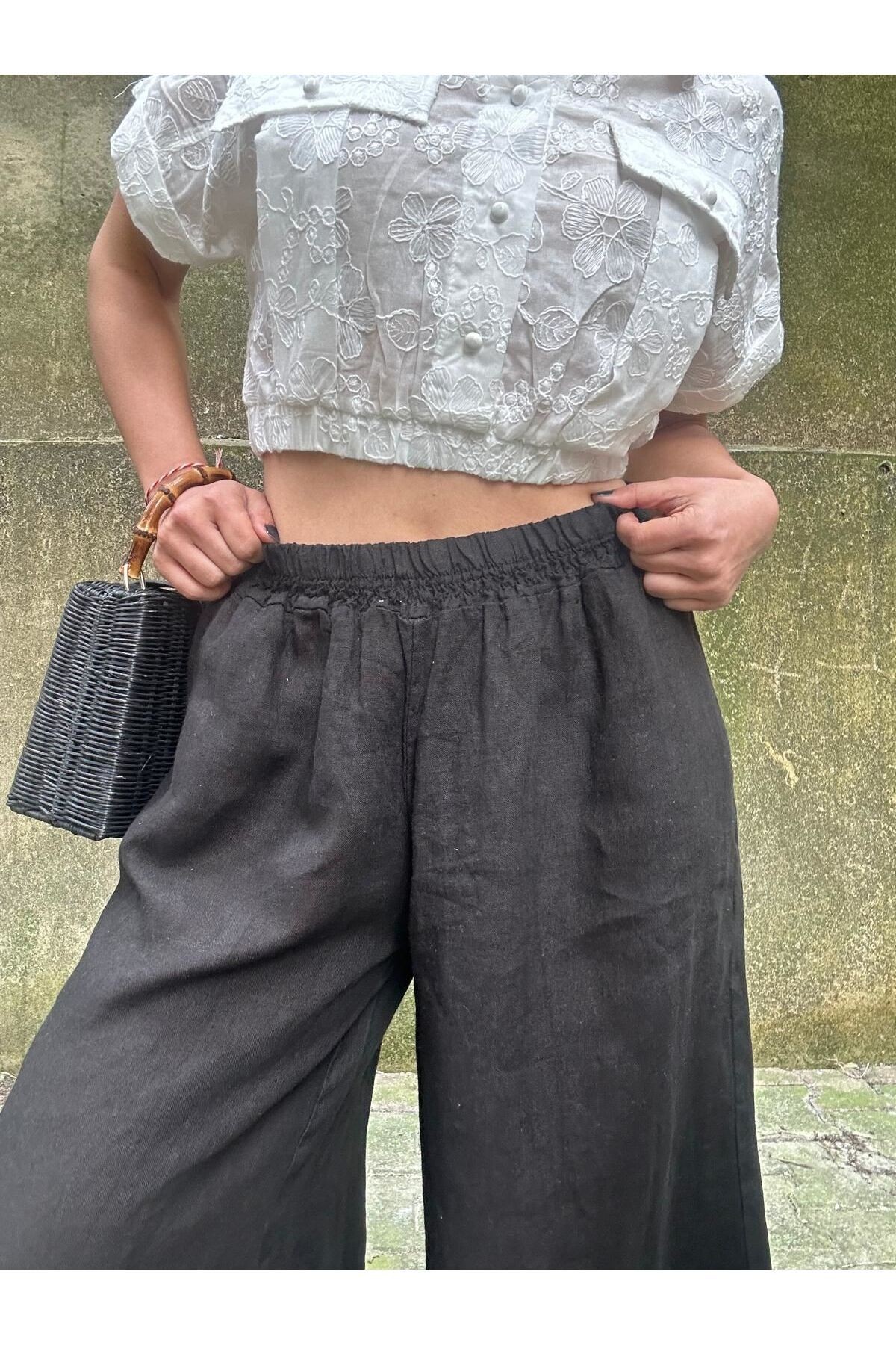 Gömlek Yaka Beli Lastikli Düşük Kol Crop Bluz - Beyaz