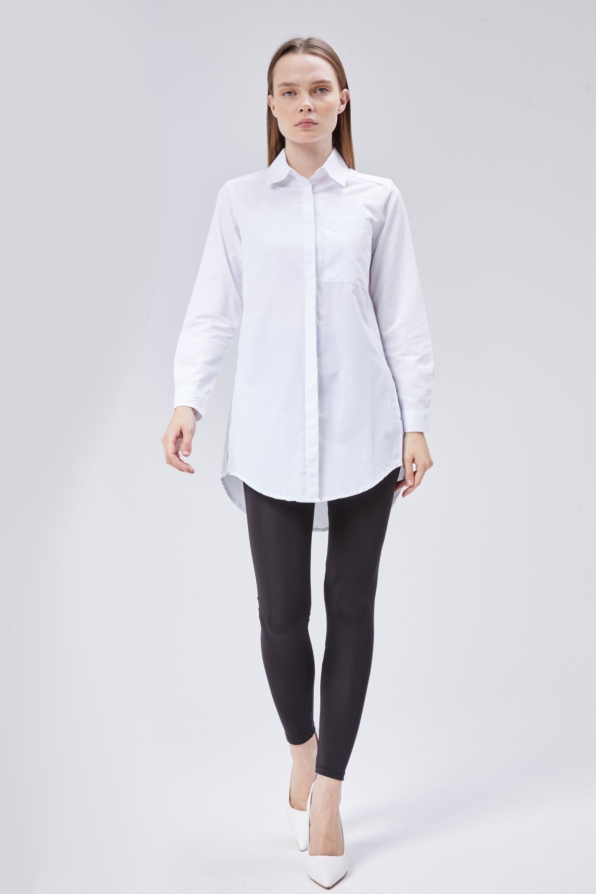Beyaz Oversize Uzun Basic Poplin Gömlek - Beyaz