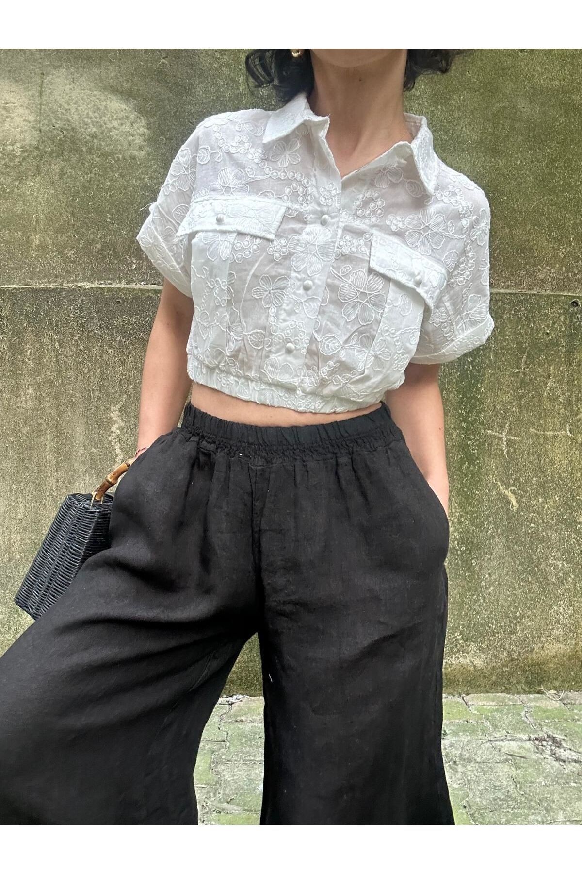 Gömlek Yaka Beli Lastikli Düşük Kol Crop Bluz - Beyaz