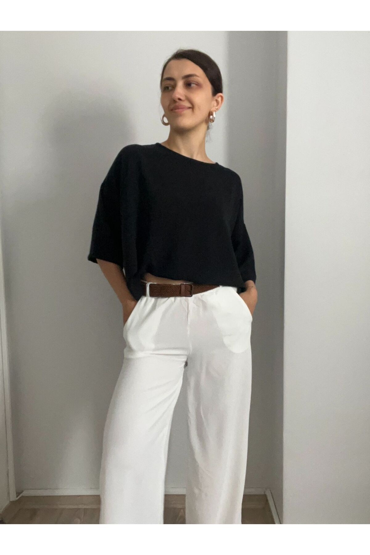 Beli Lastikli Yazlık Bol Paça Pantolon-L - Beyaz