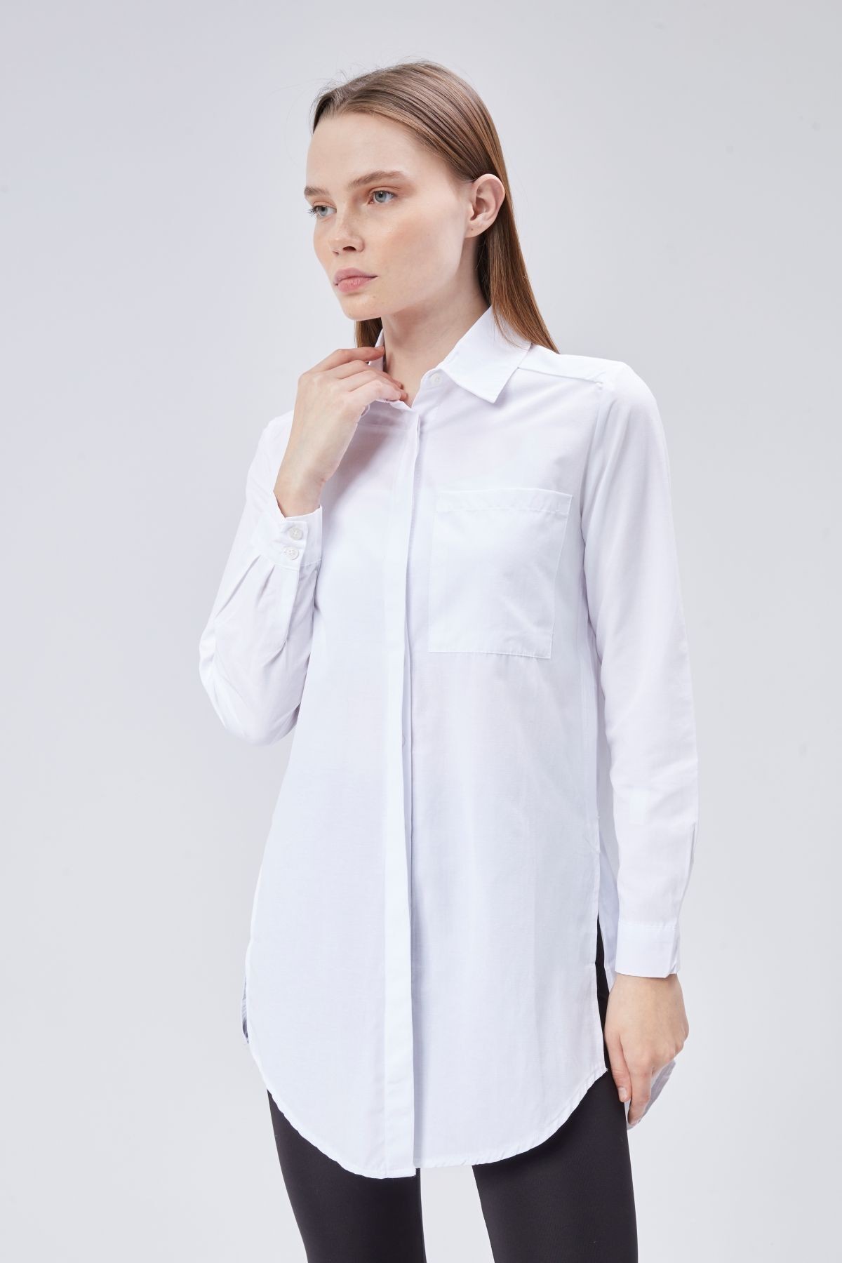 Beyaz Oversize Uzun Basic Poplin Gömlek - Beyaz