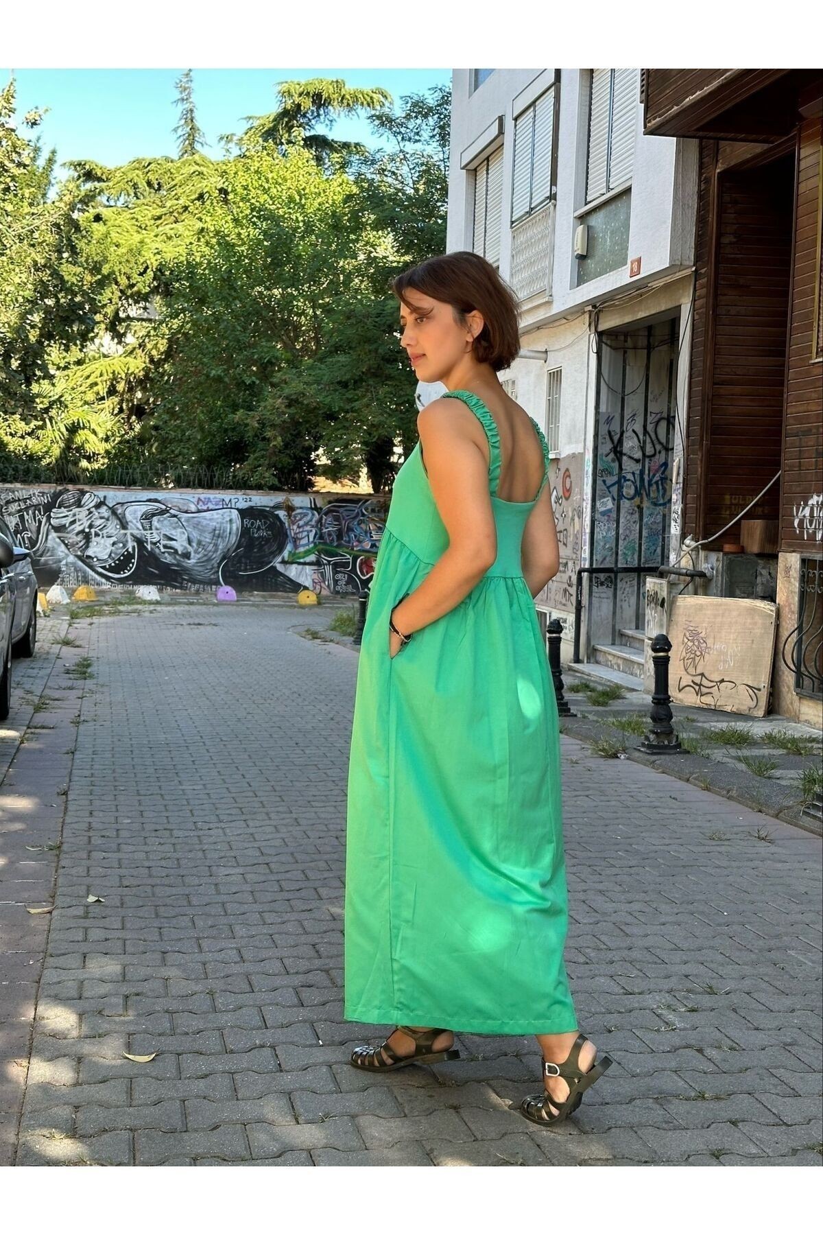 Yeşlil Maxi Boy Askılı Yazlık Uzun Elbise-M