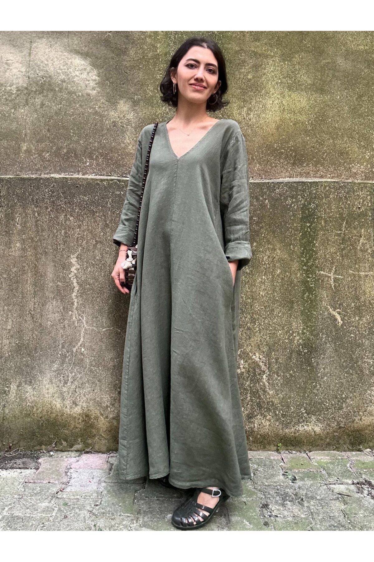 V Yaka Uzun Kol Cep Detaylı %100 Keten Oversize Uzun Elbise-STD - Haki