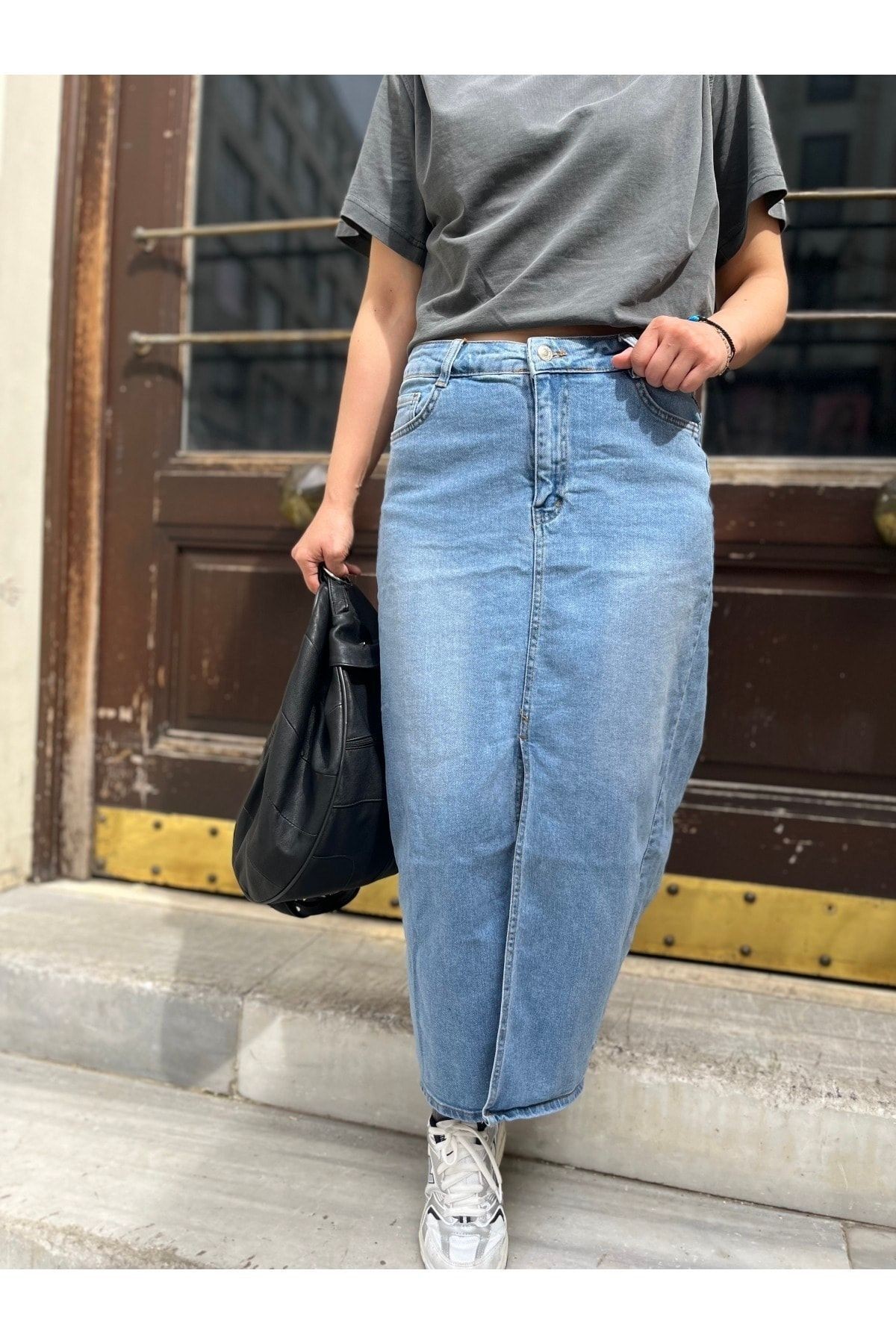 Açık Mavi Jean Önden Yırtmaçlı Denim Kot Kalem Etek