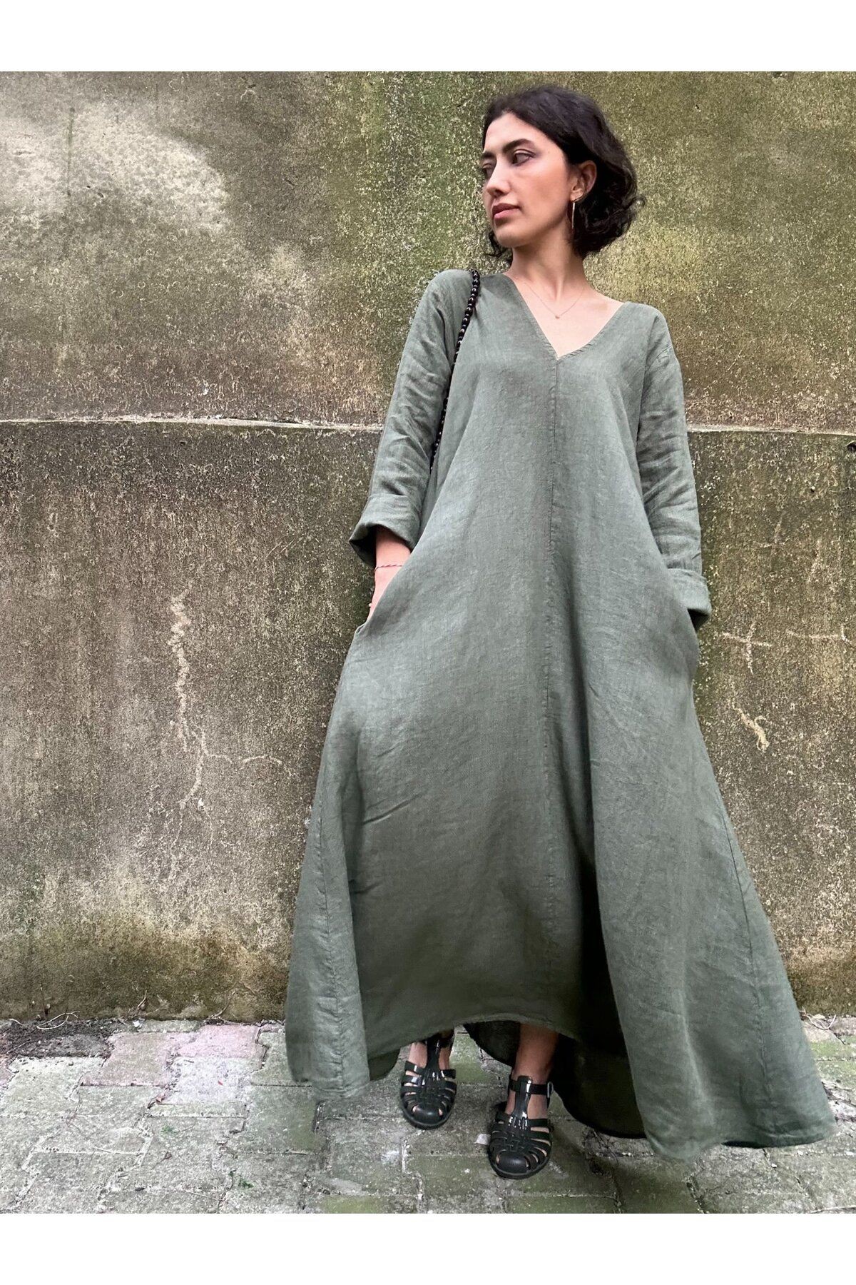 V Yaka Uzun Kol Cep Detaylı %100 Keten Oversize Uzun Elbise-STD - Haki