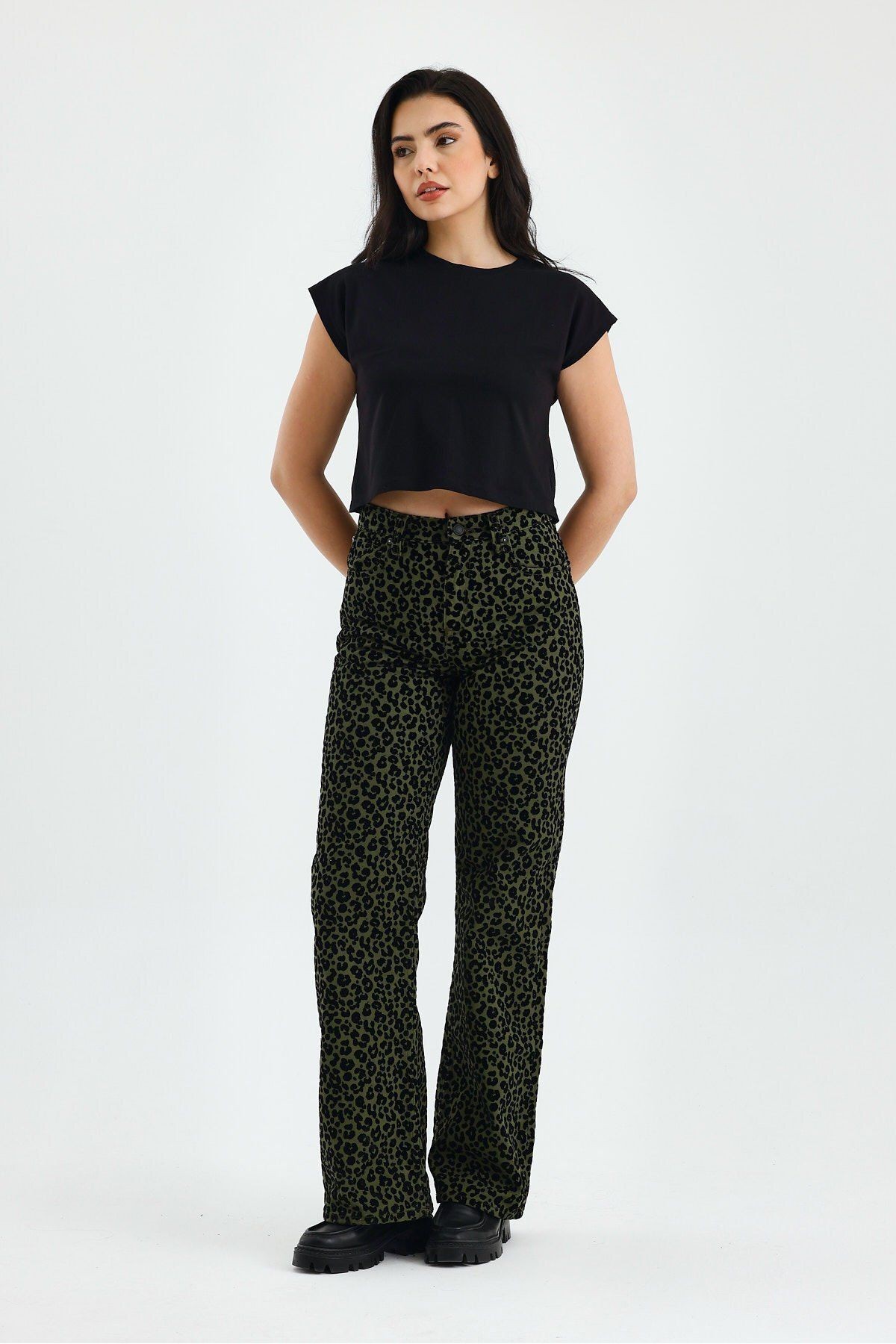 Animal Print Yüksek Bel Flare Paça Leopar Desenli Kadife Pantolon