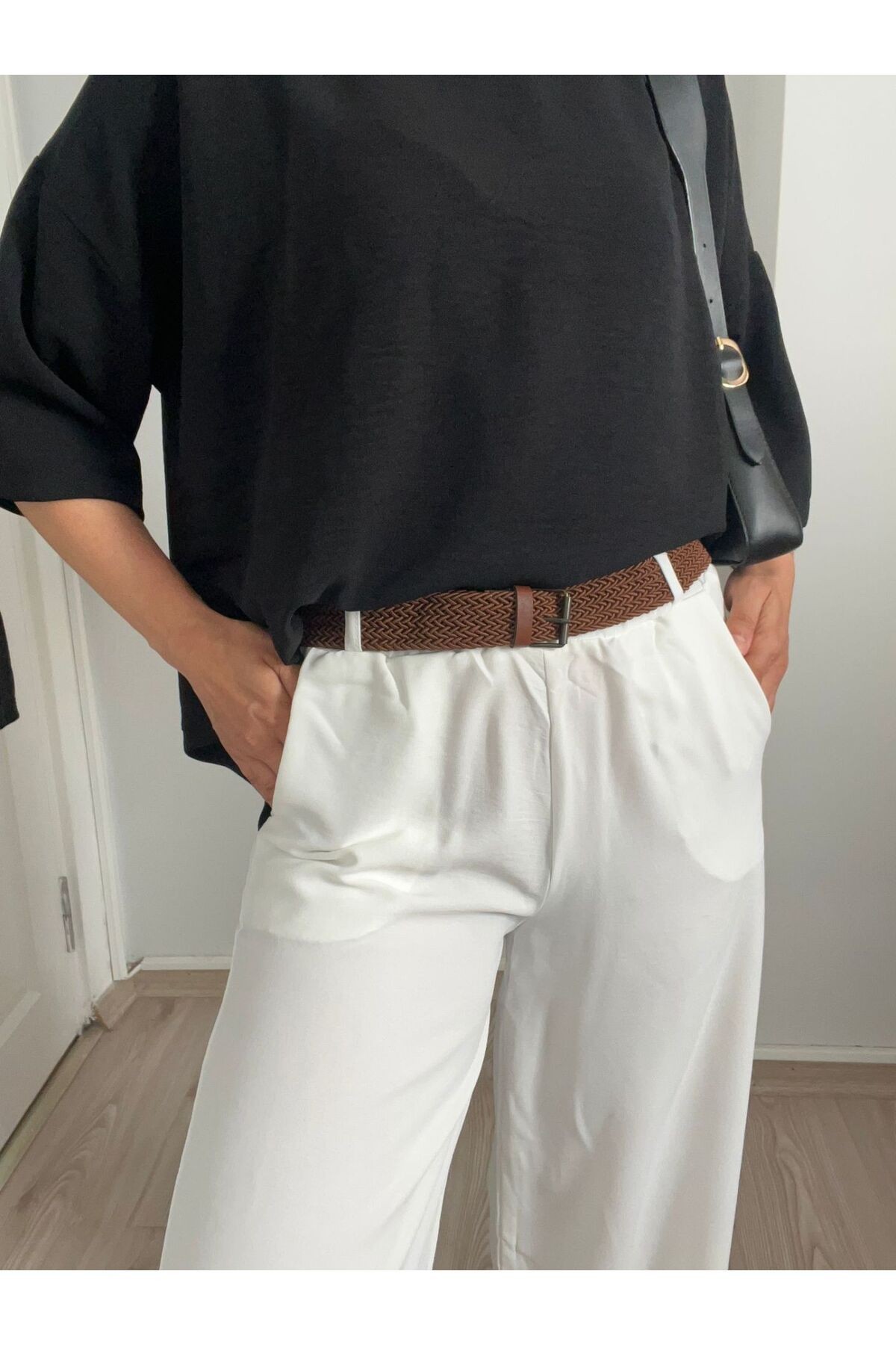 Beli Lastikli Yazlık Bol Paça Pantolon-L - Beyaz
