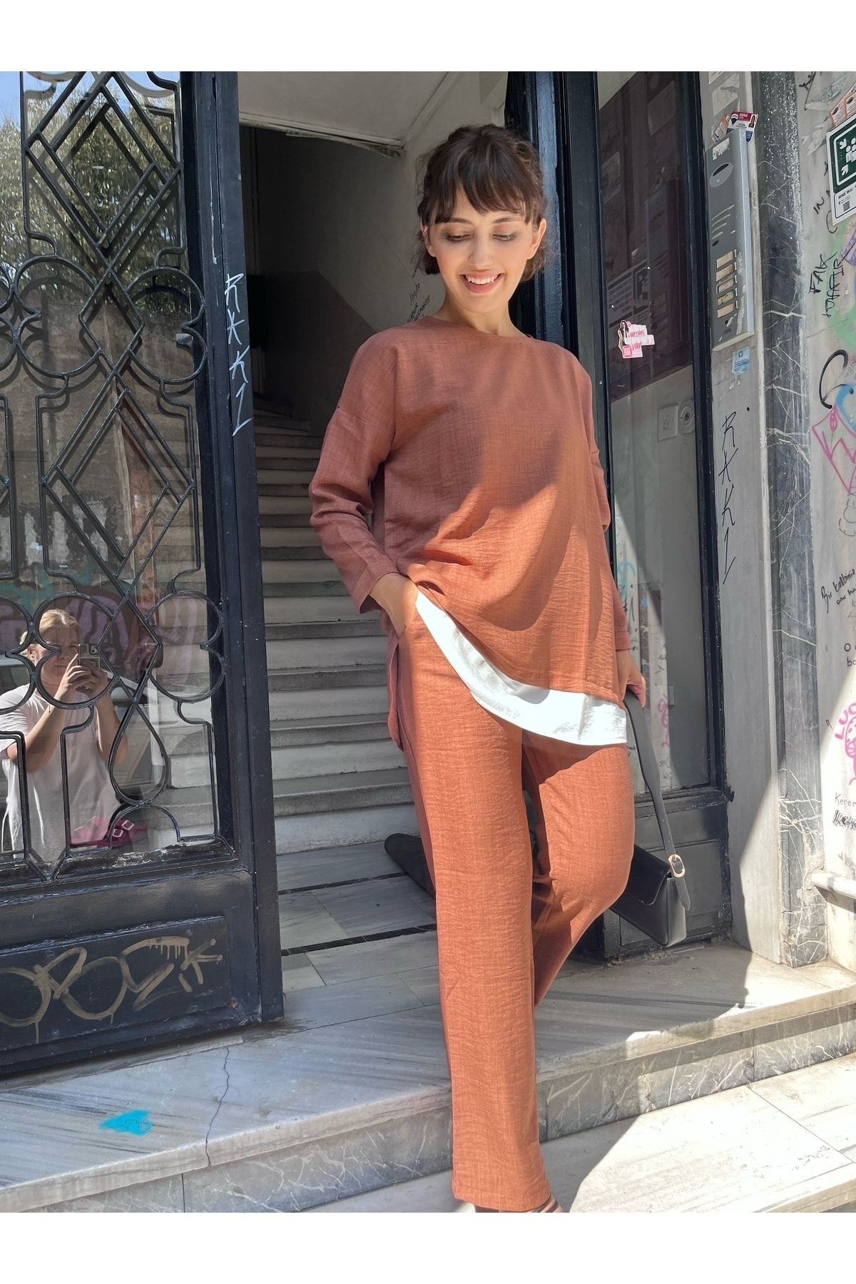 Bisiklet Yaka Renk Garnili Tunik Ve Pantolon Ikili Takım - Kahve