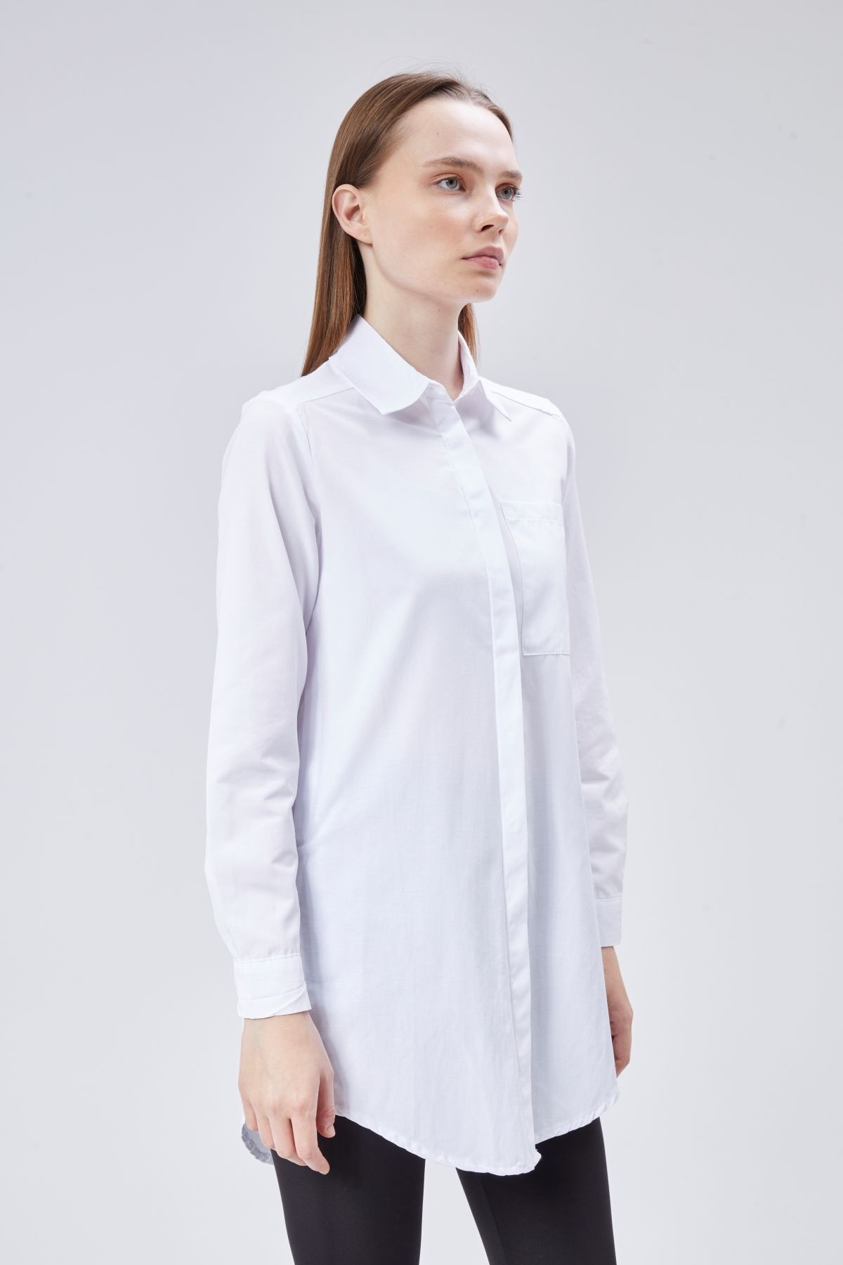 Beyaz Oversize Uzun Basic Poplin Gömlek - Beyaz