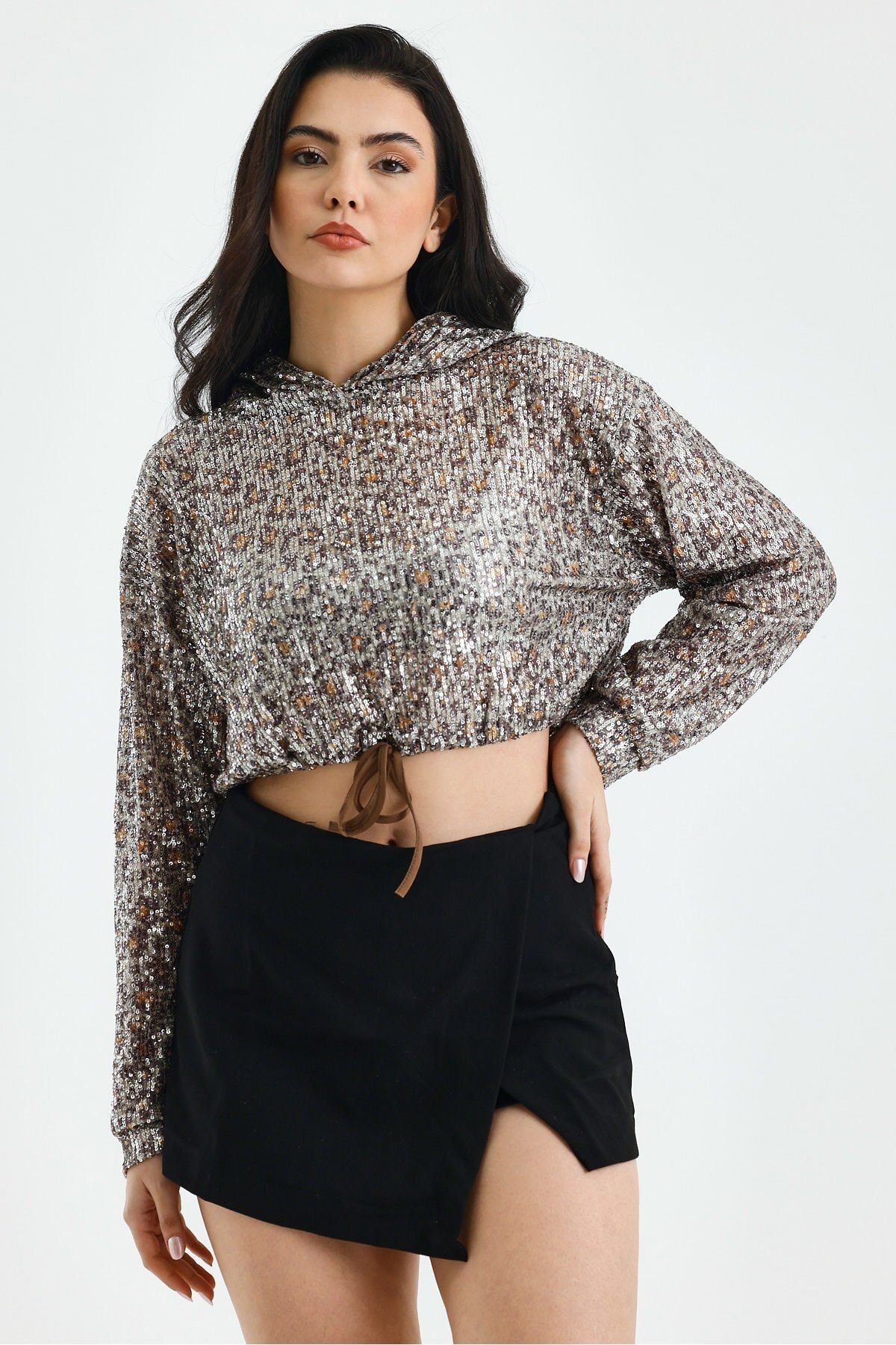 Leopar Desen Pullu Kumaş Kapüşonlu Uzun Kol Sweat Bluz