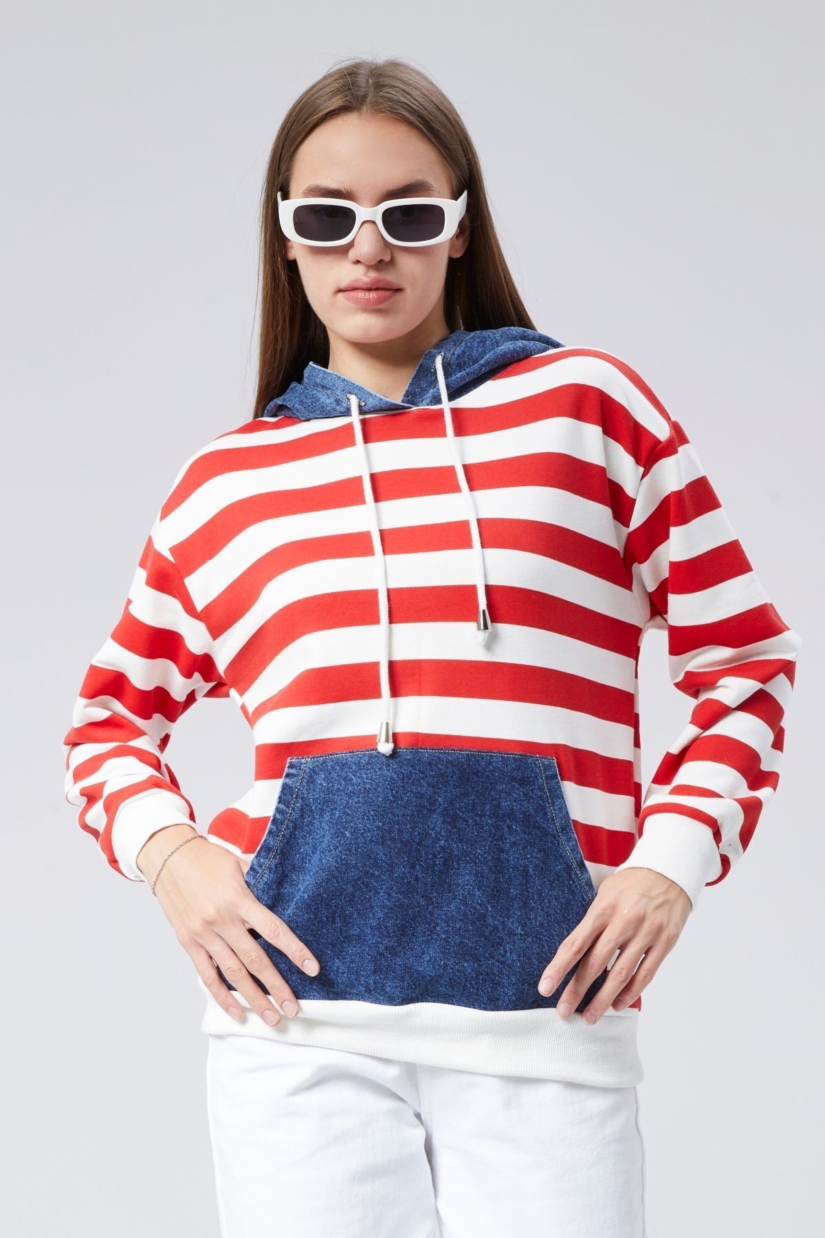 Oversize Kanguru Cepli Kapüşonlu Çizgili Adriana Sweatshirt 