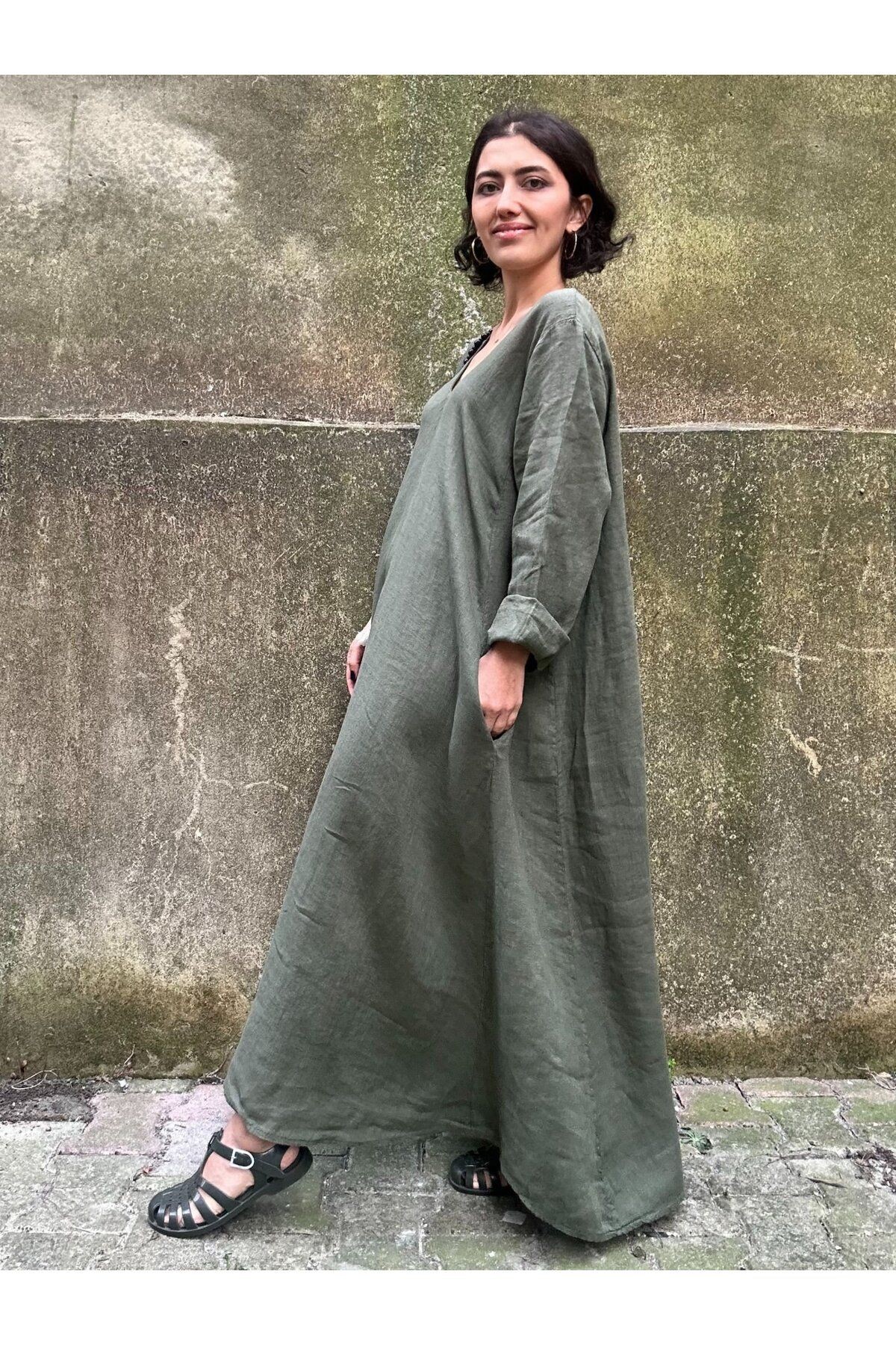 V Yaka Uzun Kol Cep Detaylı %100 Keten Oversize Uzun Elbise-STD - Haki