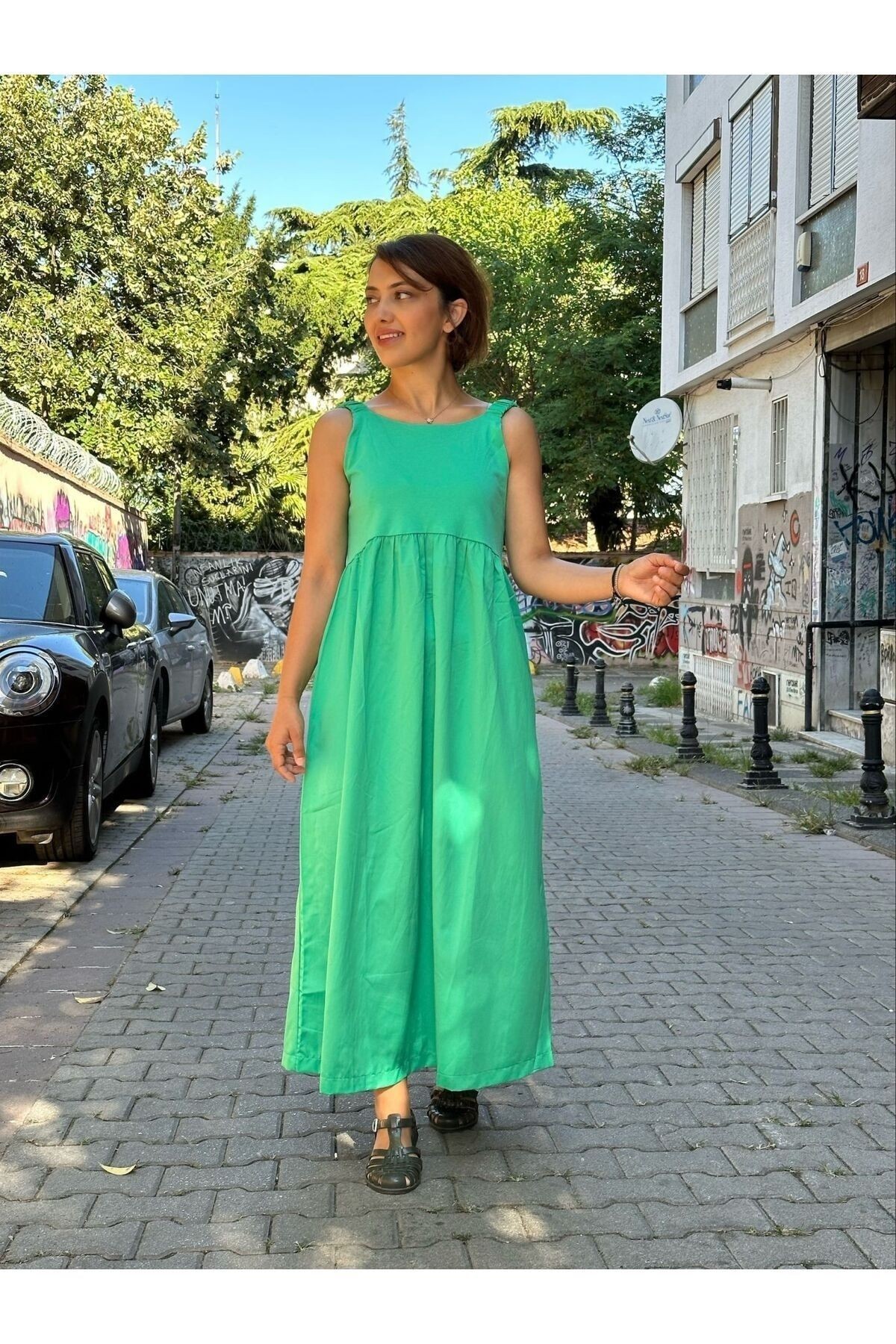 Yeşlil Maxi Boy Askılı Yazlık Uzun Elbise-M