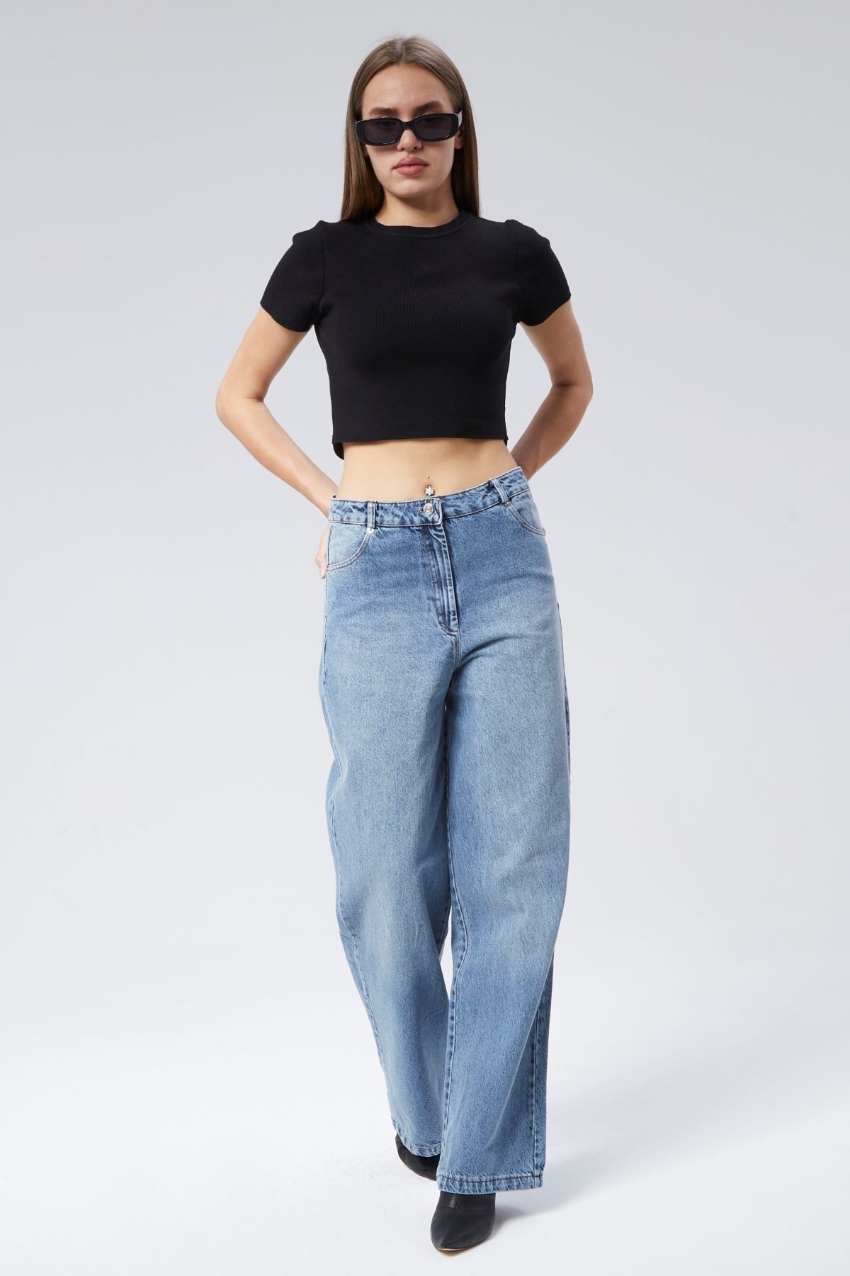 Malibu Kolej Denim Boru Paça Jean Kot Pantolon - Mavi