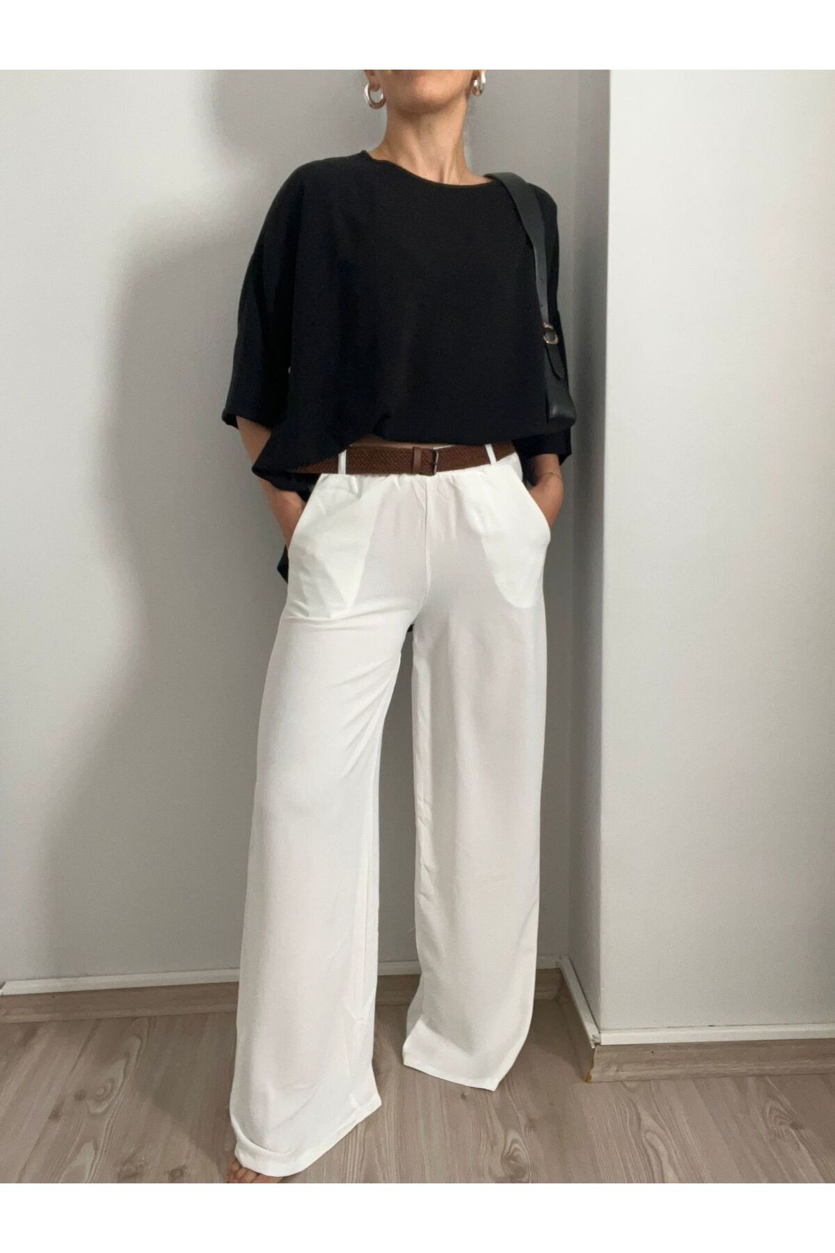 Beli Lastikli Yazlık Bol Paça Pantolon-L - Beyaz