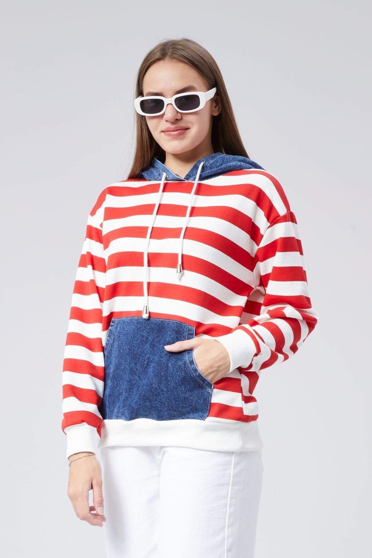 Oversize Kanguru Cepli Kapüşonlu Çizgili Adriana Sweatshirt 